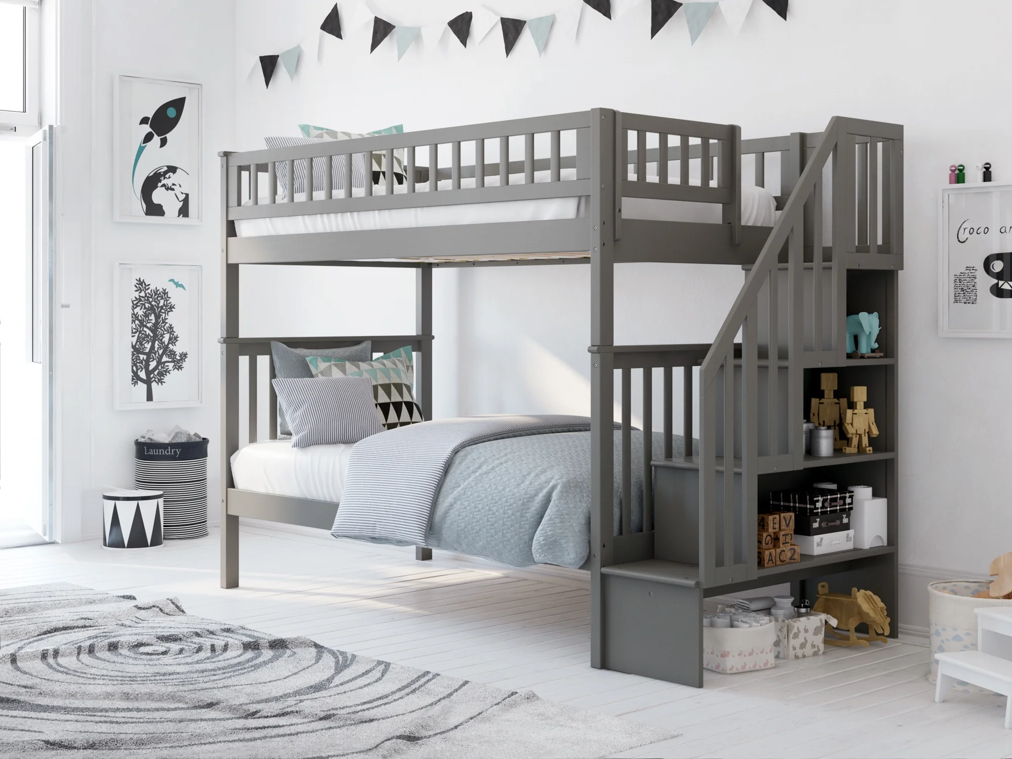 Woodland Staircase Bunk Bed Twin over Twin in Grey