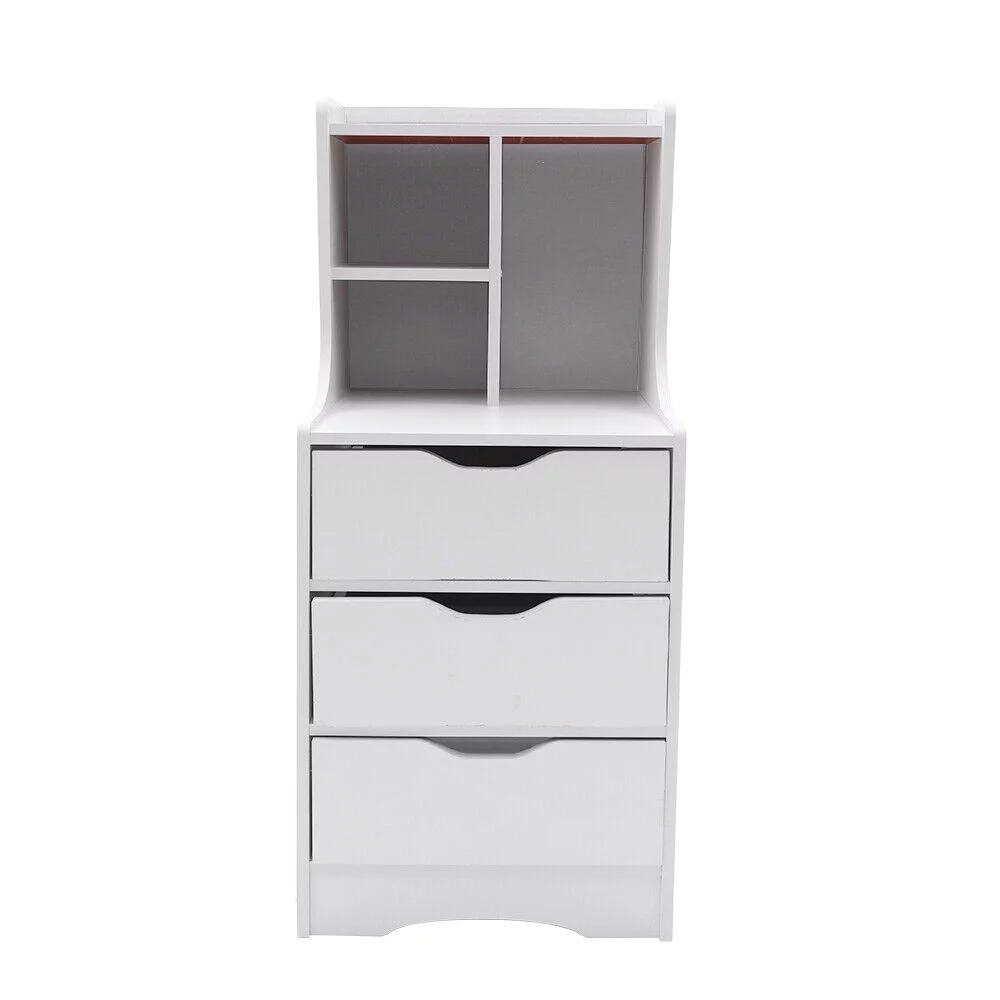 Modern White Nightstand with Storage Drawers and Open Shelf, 3-Drawer High Beside Table Bookcase for Bedroom