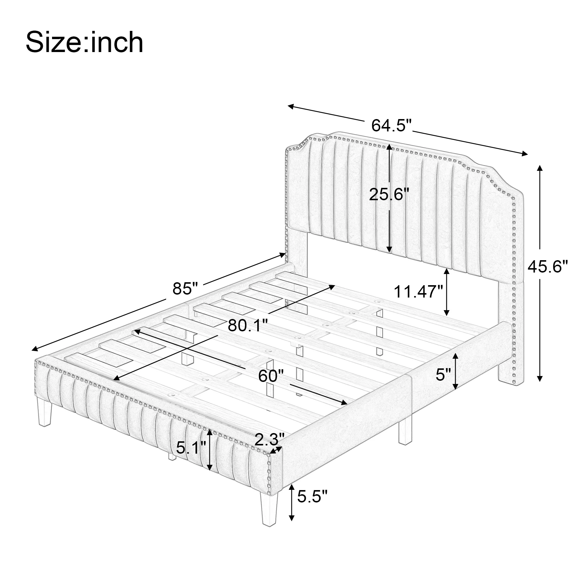 Queen Size Linen Upholstered Bed Platform Bed Frame, Wood Slat Support