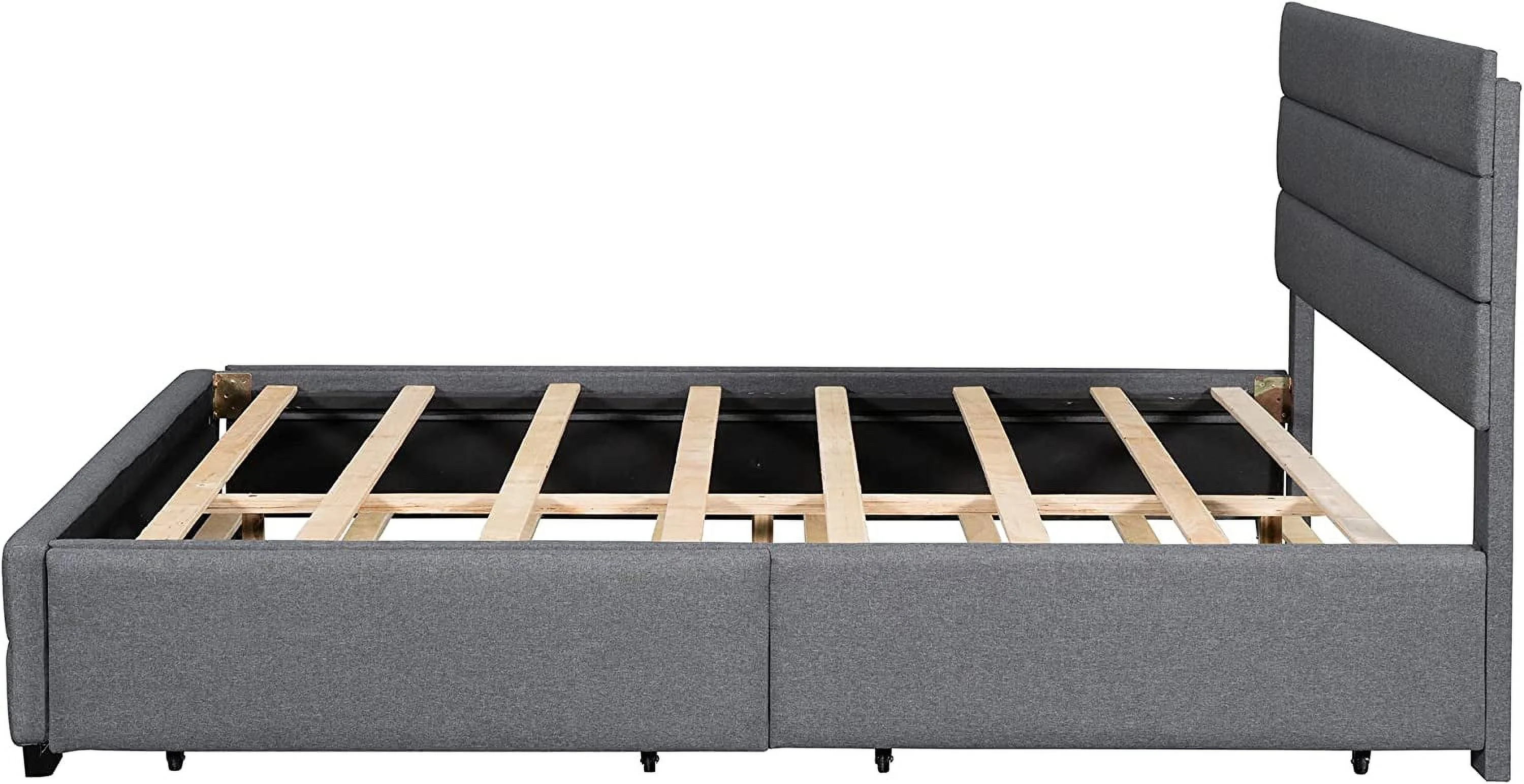 Modern Linen Upholstered Platform Bed with Trundle and 2 Drawers, Queen Size Platform Bed, Wooden Slats Support, No Box Spring Needed