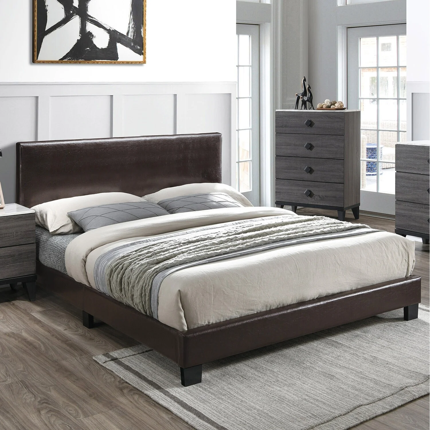 Simple Relax Faux Leather Upholstered Bed in Brown Queen