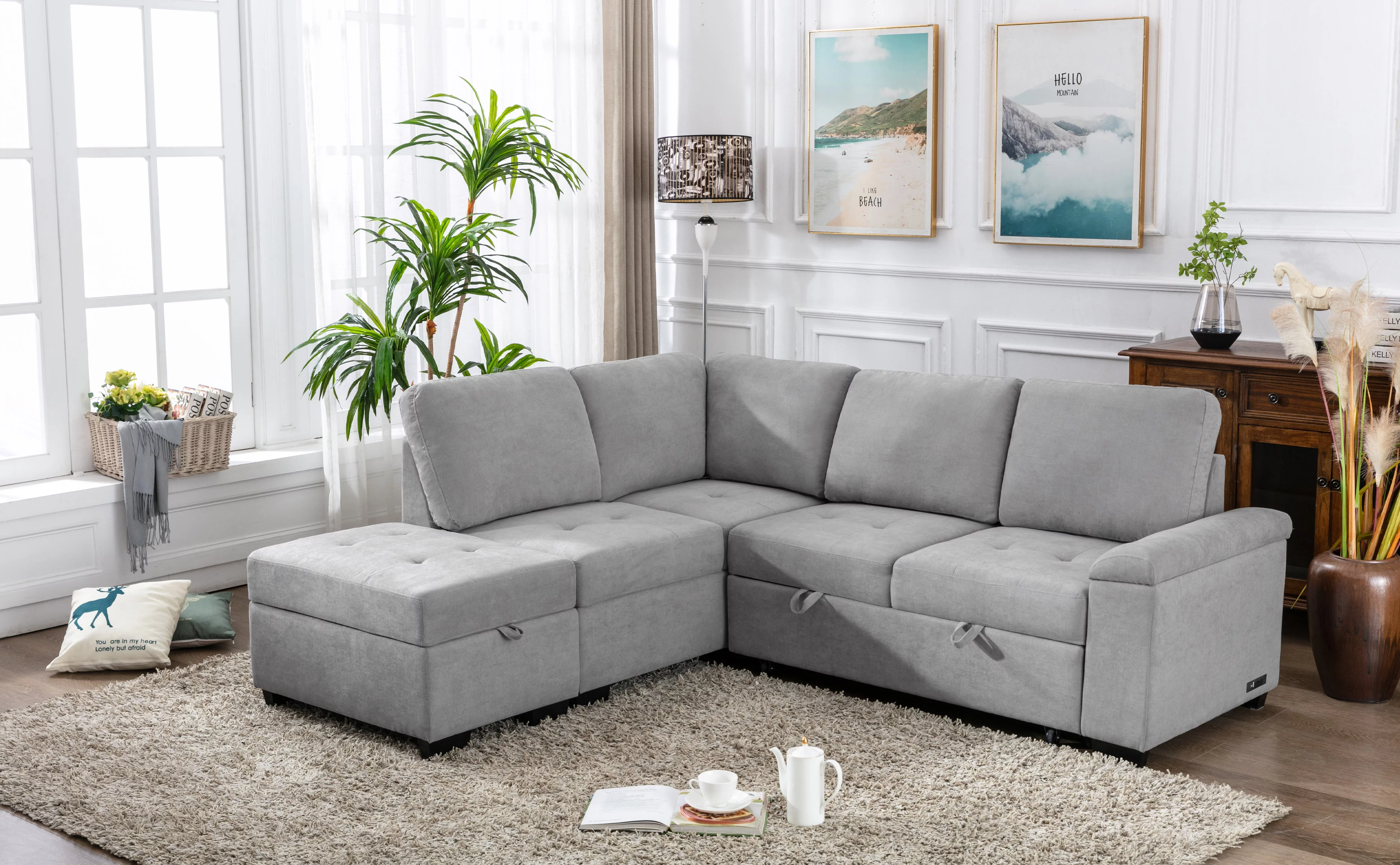 Euroco L-Shape Sofa Bed with Storage Ottoman and Hidden Arm Storage, Sectional Sofa Sleeper with USB Port for Living Room Apartment, Light Gray
