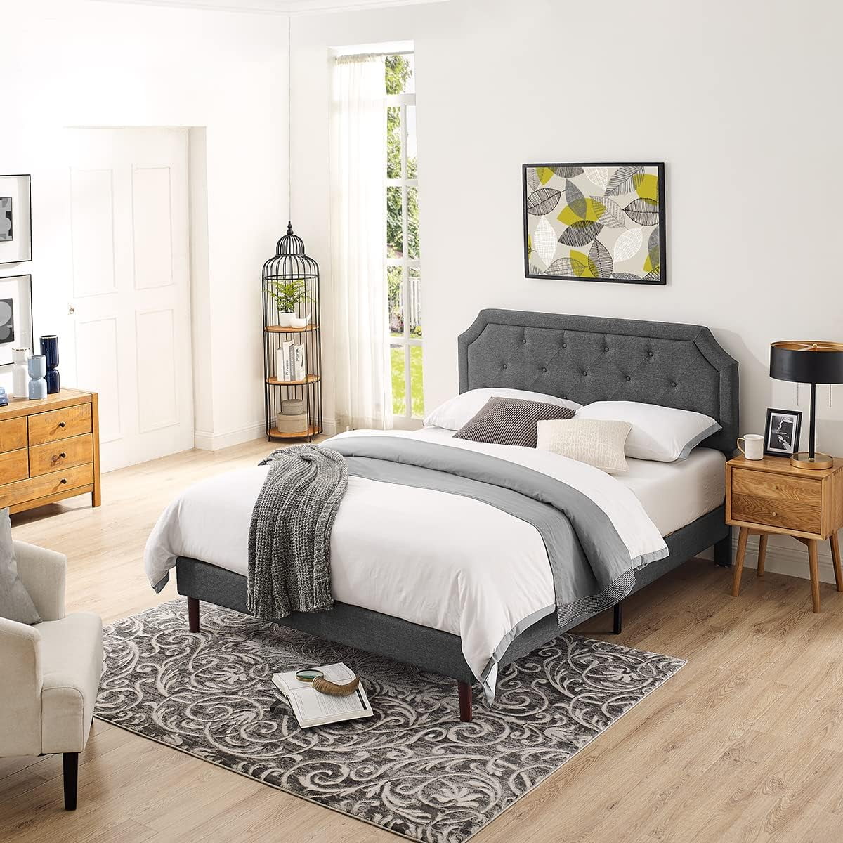 Tufted Upholstered Platform Bed Frame With Adjustable Height Headboard,Mattress Foundation With Stong Wood Slat Support,No Box Spring Needed,Easy Assemble (Grey, King)