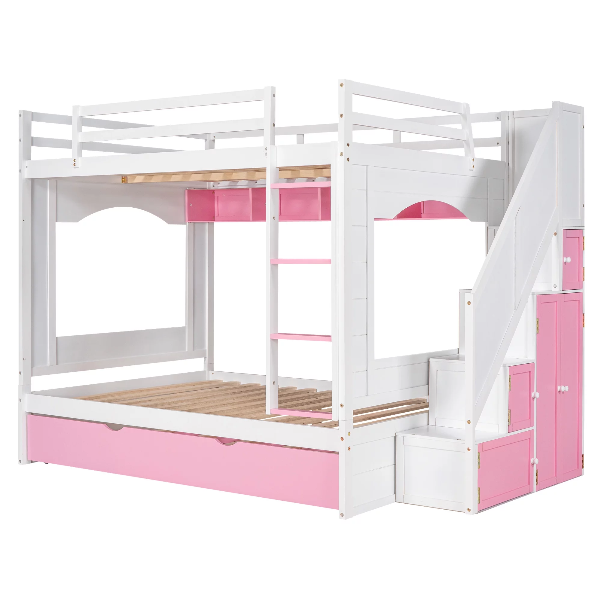 LANTRO JS Full Over Full Bunk Bed with Trundle, Stairs, Ladders Solid Wood Bunk bed with Storage Cabinet (White + Pink)