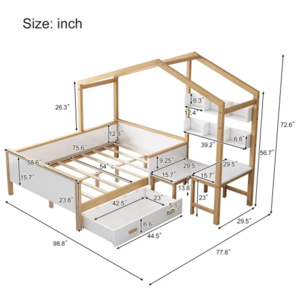 2 Pieces Bedroom Sets White Full Size Wooden House Bed with Desk and 6-Drawer Chest White + Wood