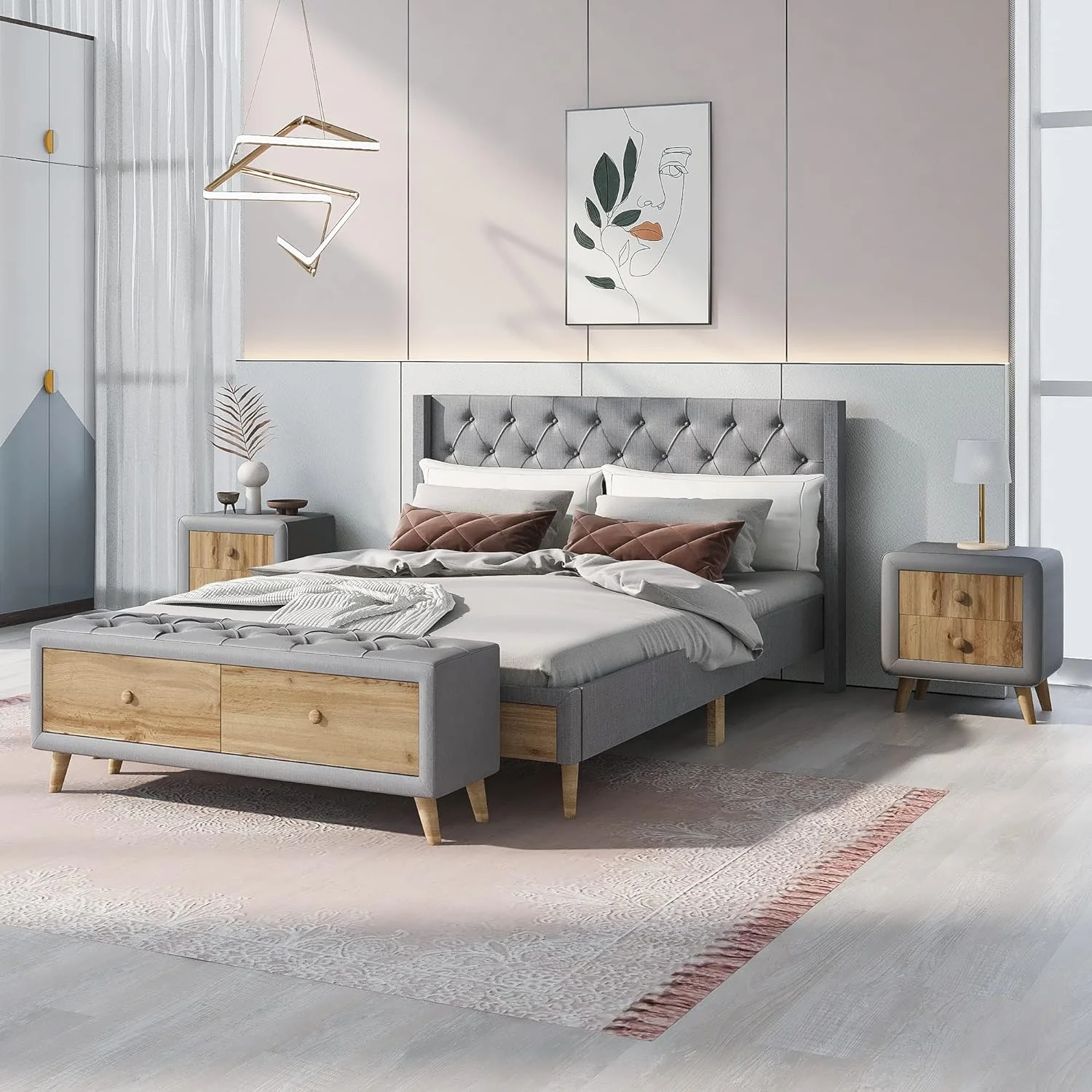 Bedroom Sets Queen Size Upholstered Platform Bed With Two Nightstands And Storage Bench, 4-Pieces Bedroom Sets For Teens Adults (Linen Gray)