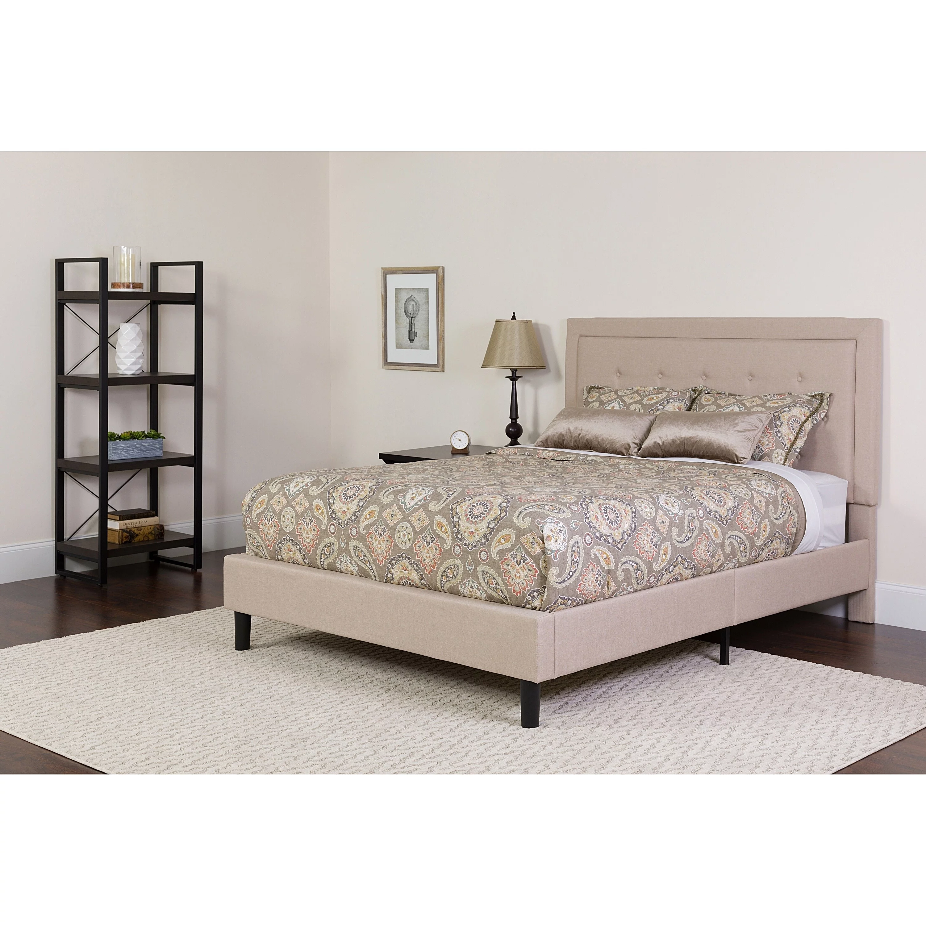 BSD National Supplies, Inc. Logan Full Size Beige Fabric Platform Bed with Button Tufted Headboard