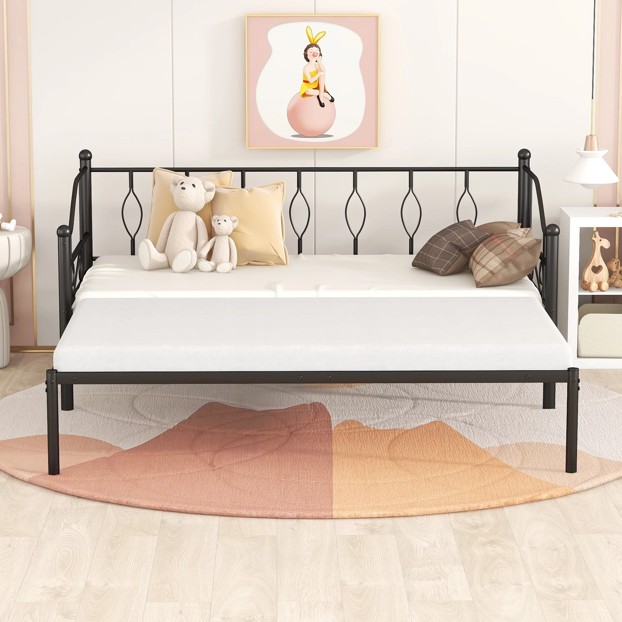 Dawn Whisper Twin Size Metal Daybed with Trundle, Daybed with Slat in Black