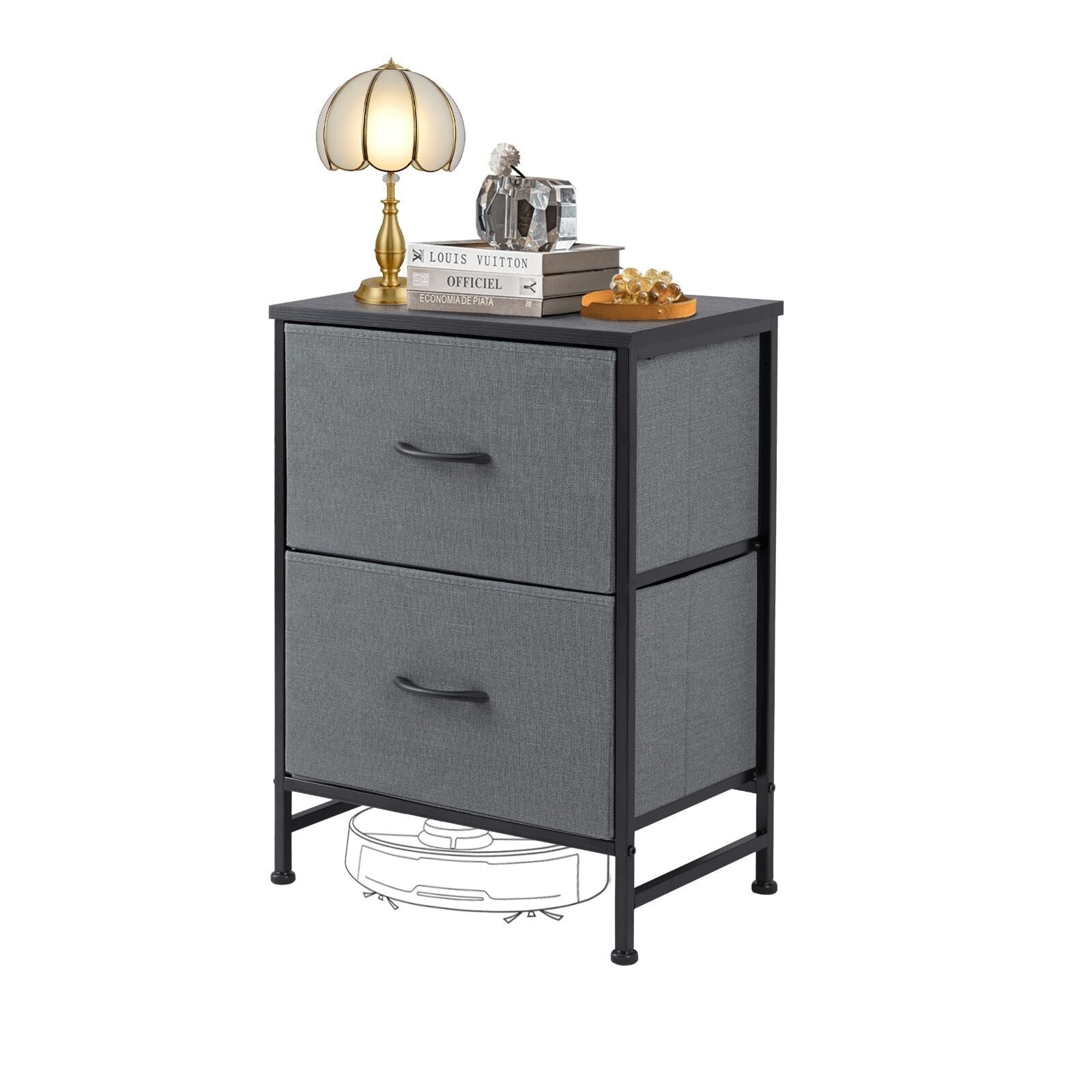 2-Drawer Dresser Chest, Small Fabric Nightstand with Wooden Top and Adjustable Feet,19x25 inch Grey