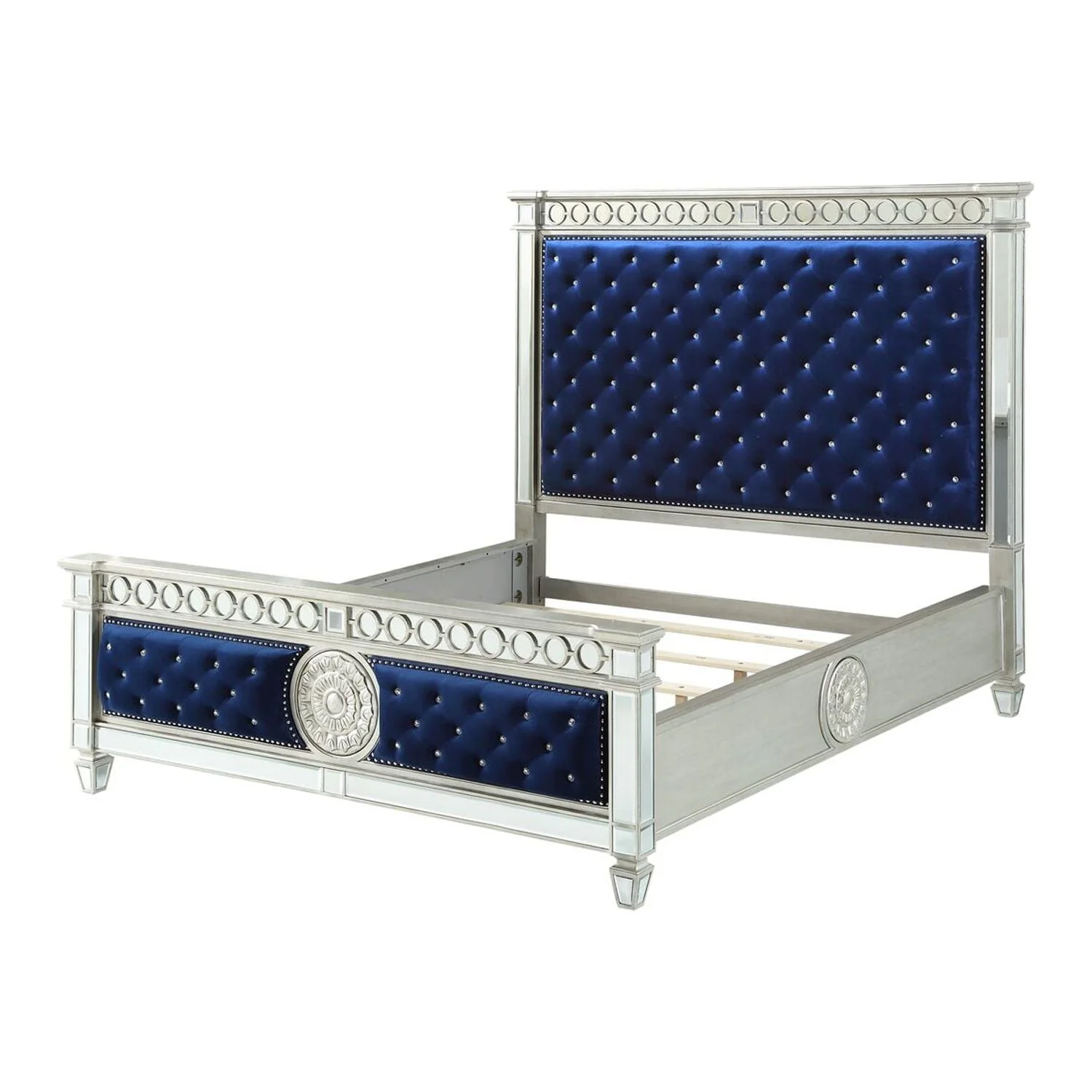 ACME Varian California King Tufted Panel Bed in Blue Velvet and Mirrored