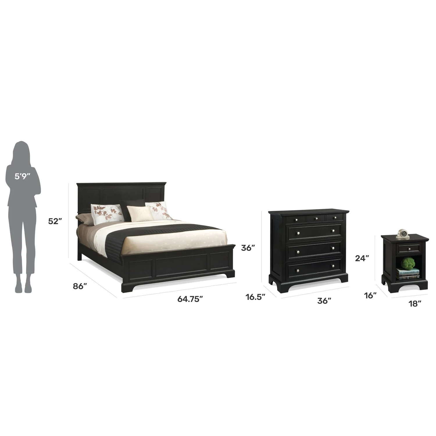 Homestyles Bedford Wood Panel Queen Bedroom Set with Nightstand/Chest in Ebony