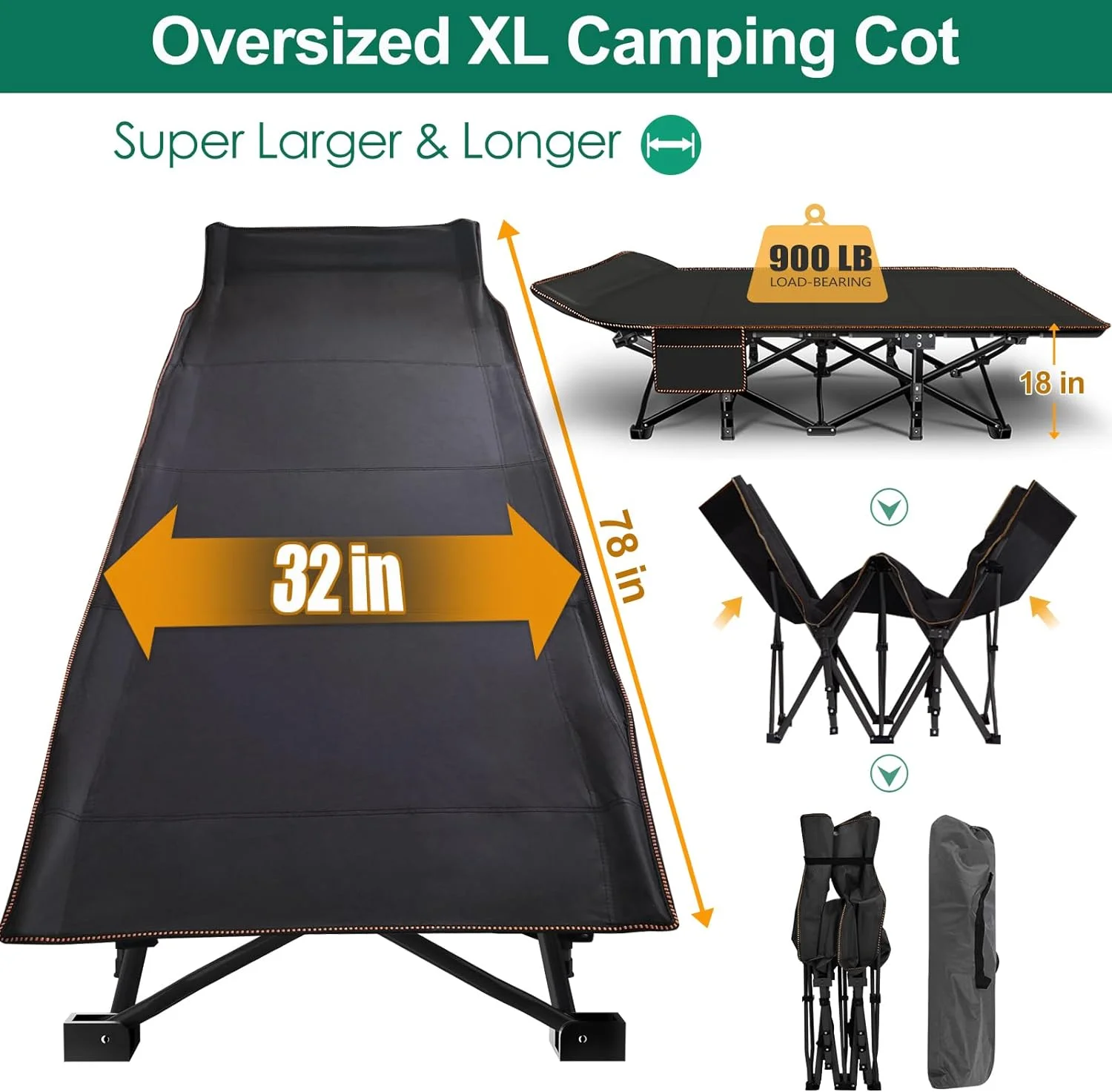 Slsy Oversized XXL Folding Camping Cot, Portable Folding Cots Folding Bed for Adults, Heavy Duty Outdoor Sleeping Cot Guest Bed with 2 Sided Mattress & Carry Bag