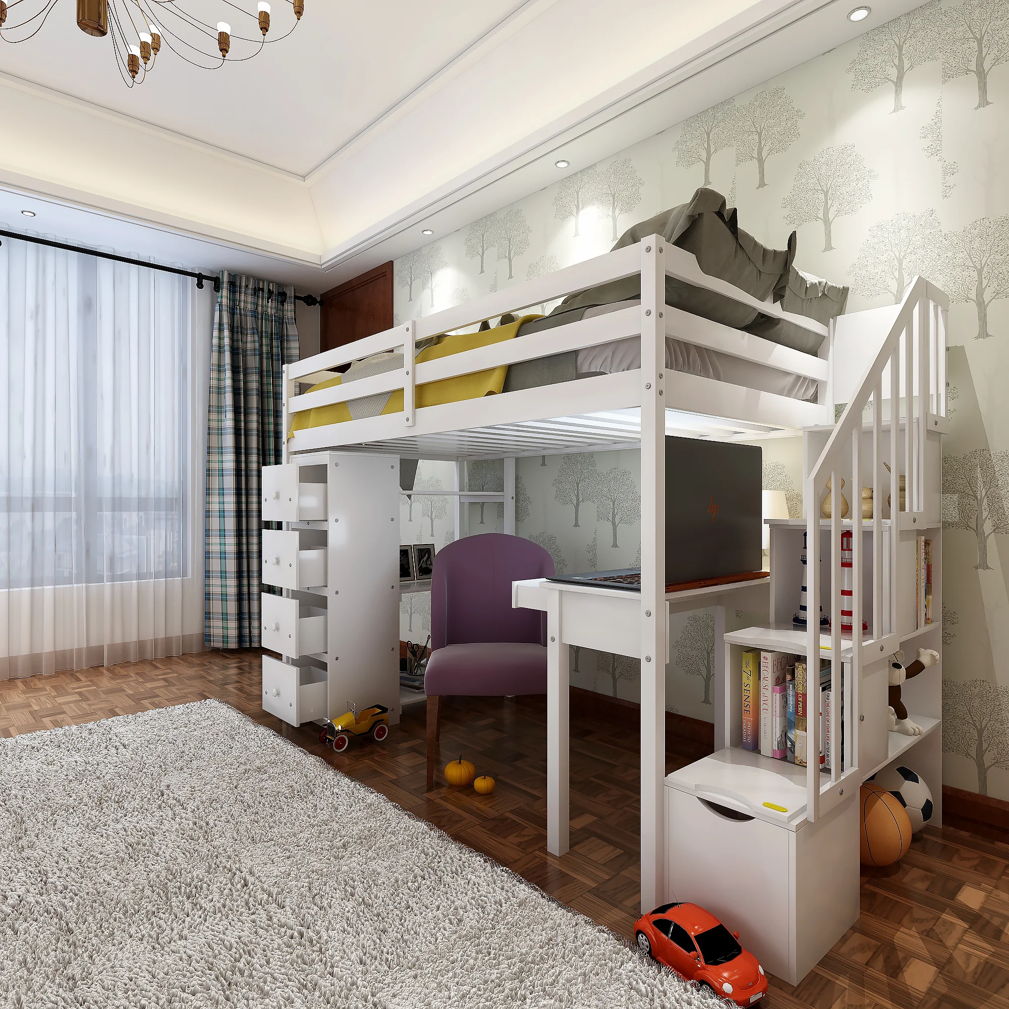 Twin Size Loft Bed with Desk, Loft Bed Frame with Storage Drawers and Stairs, Wooden Loft Bed with Shelves, White