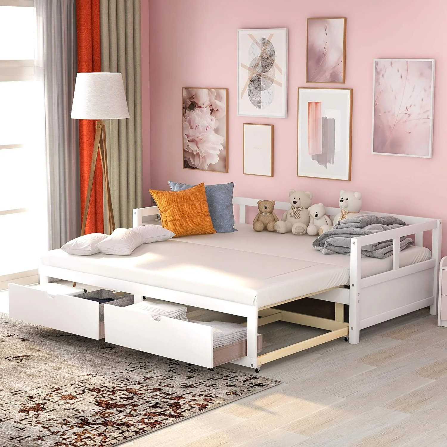 Size Daybed With Trundle Bed & 2 Storage Drawers, Wooden Extendable Bed, Sofa Bed For Bedroom Living Room, White