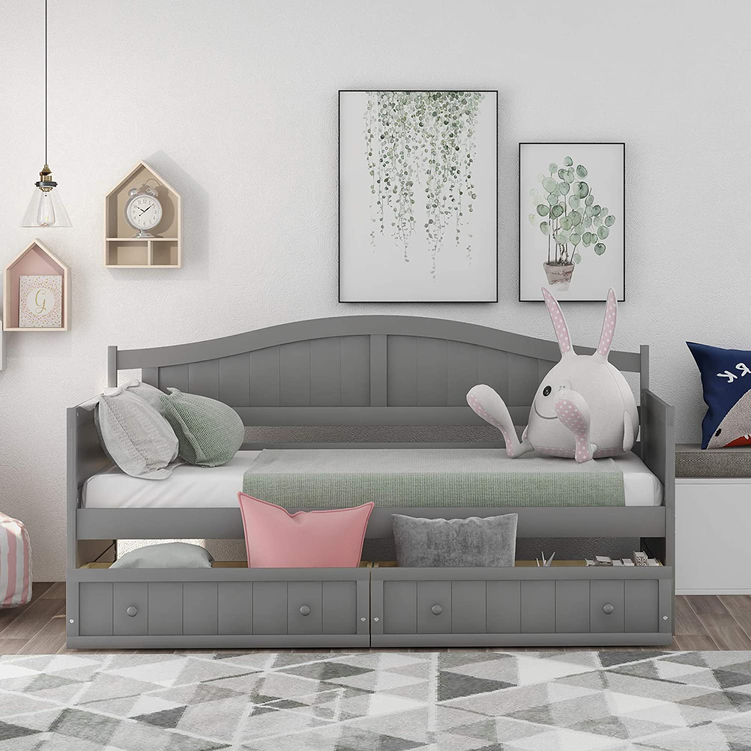 YGDU Twin Size Wooden Daybed with 2 Drawers for Bedroom Living Room,No Box Spring Needed,Gray