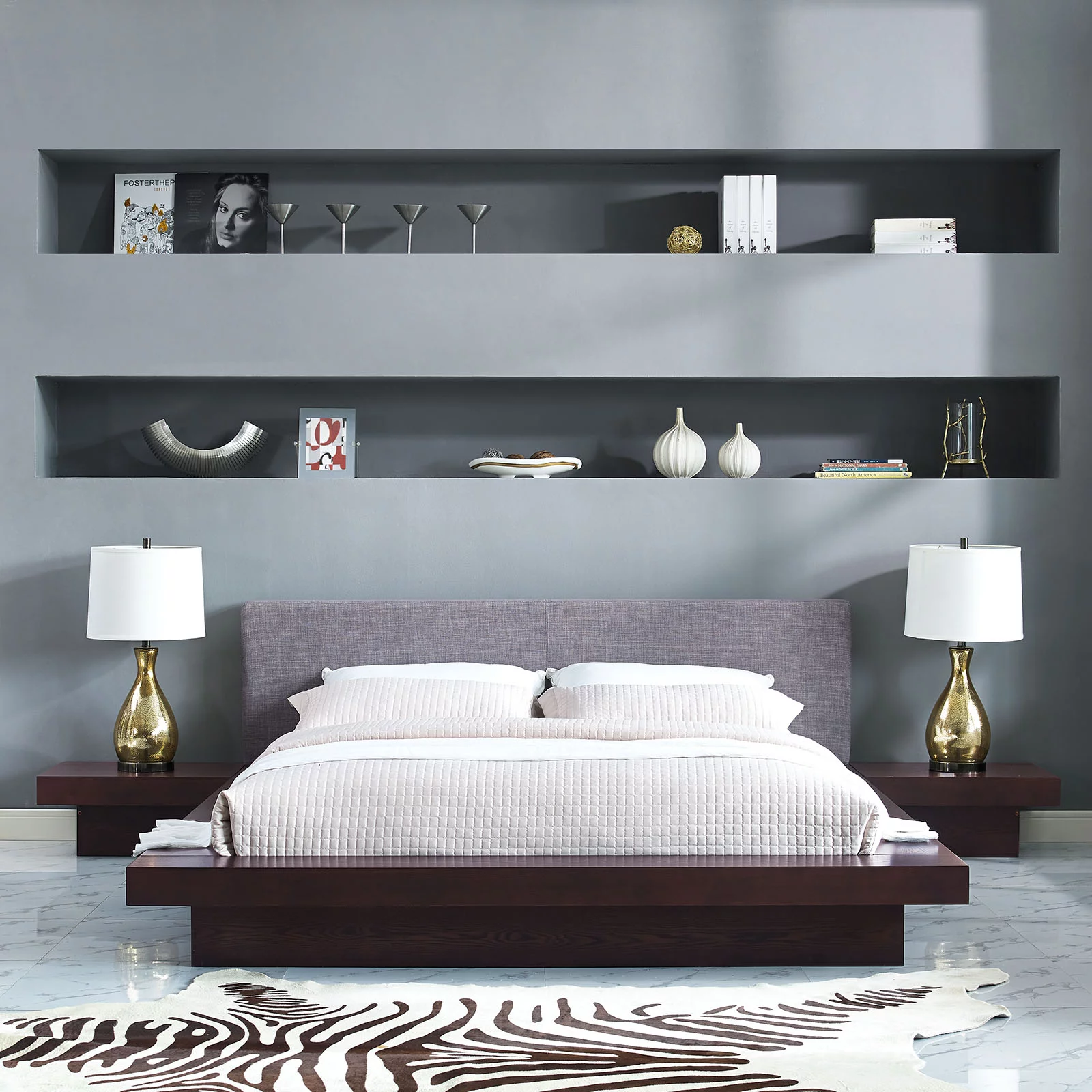 Modern Contemporary Urban Design Three PCS Queen Size Bedroom Bed Set, Grey Gray, Fabric Wood