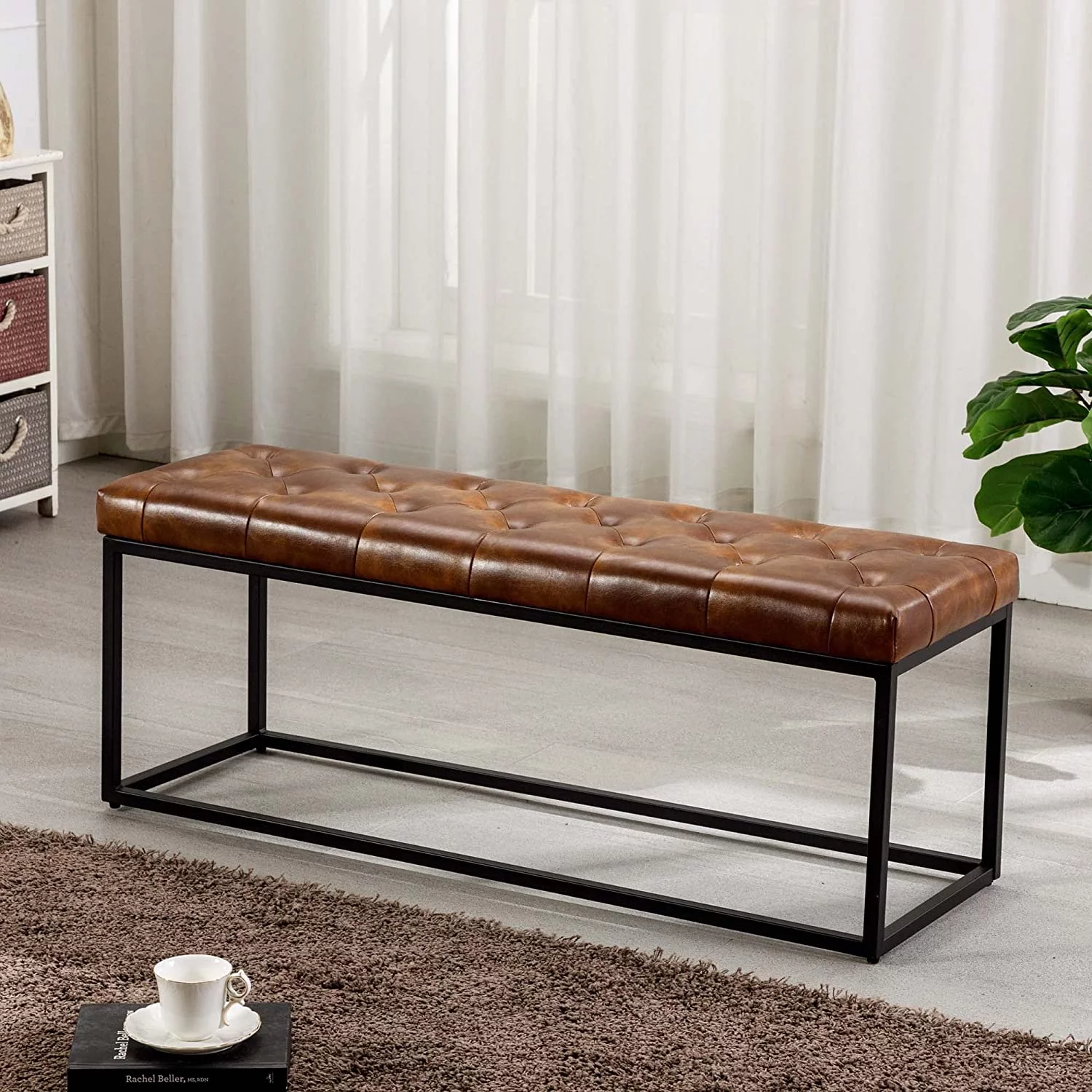 Duhome Faux Leather Bench Modern Tufted Bedroom Bench with Metal Base Accent Upholstered Bench for Living Room Entryway Bed End Decorative, Brown
