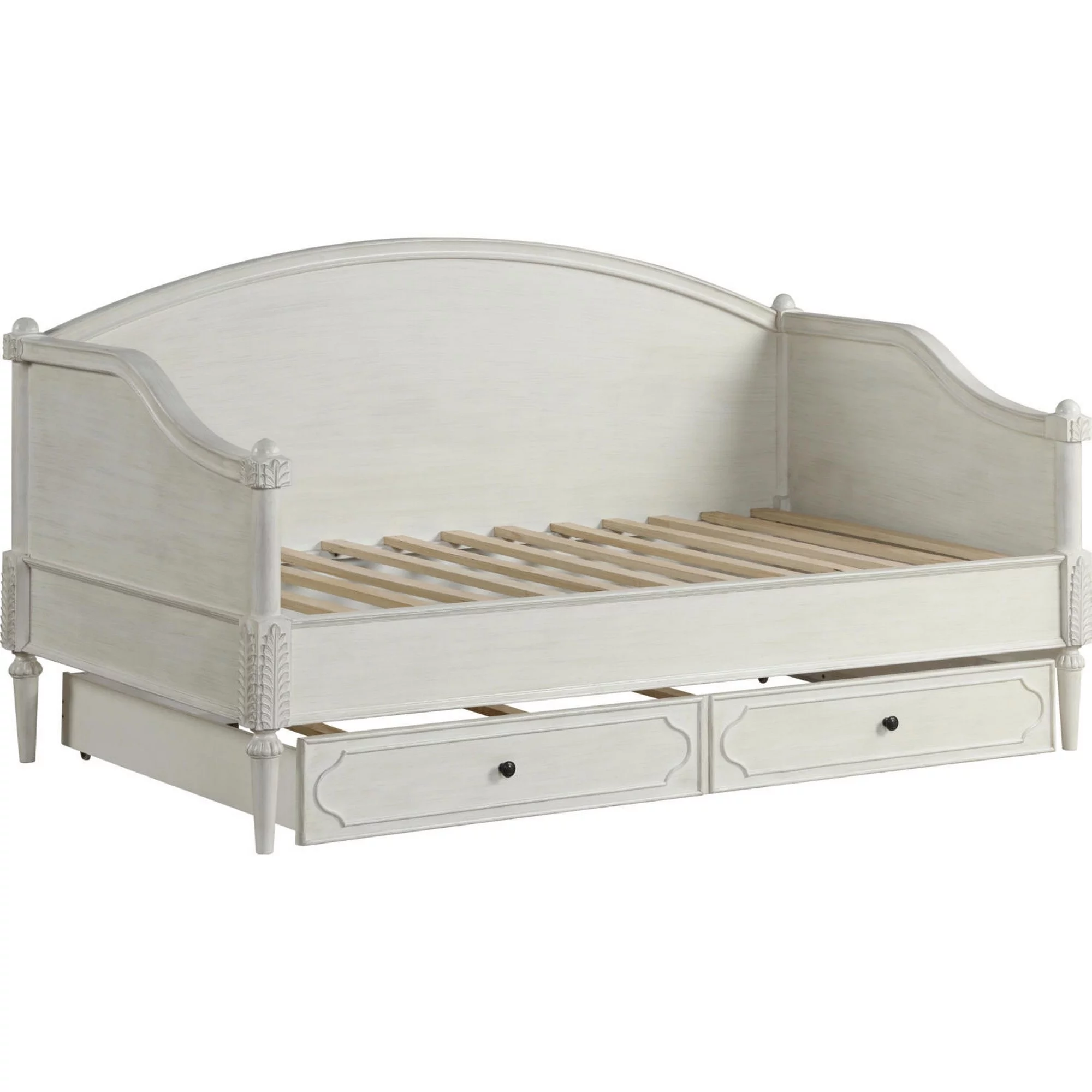 Classic Full Size Day Bed, Slatted Support, Floral Trim, Turned Legs, White