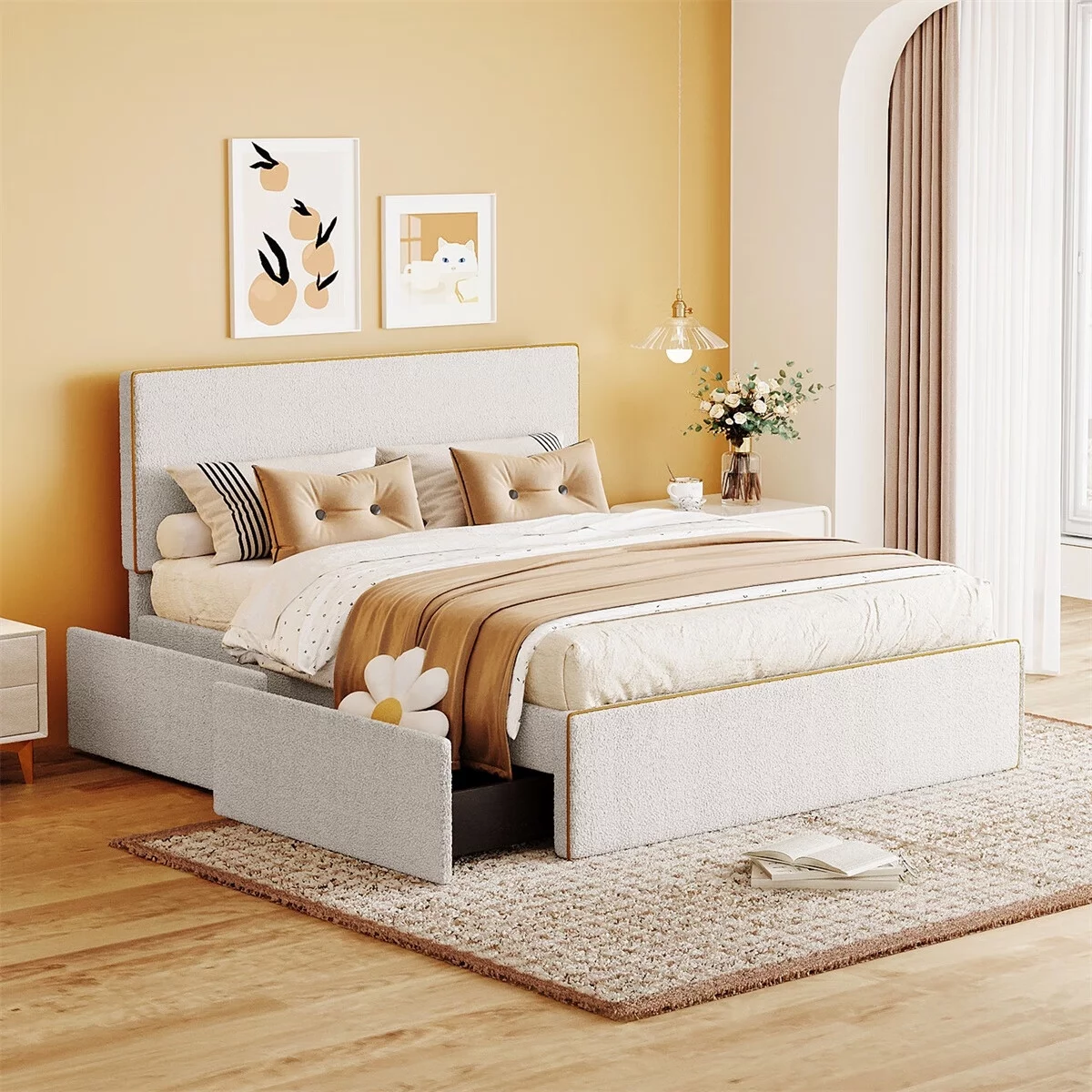 VIRUBI Full Size Upholstered Platform Bed with 4 Drawers and Golden Edge on the Headboard & Footboard