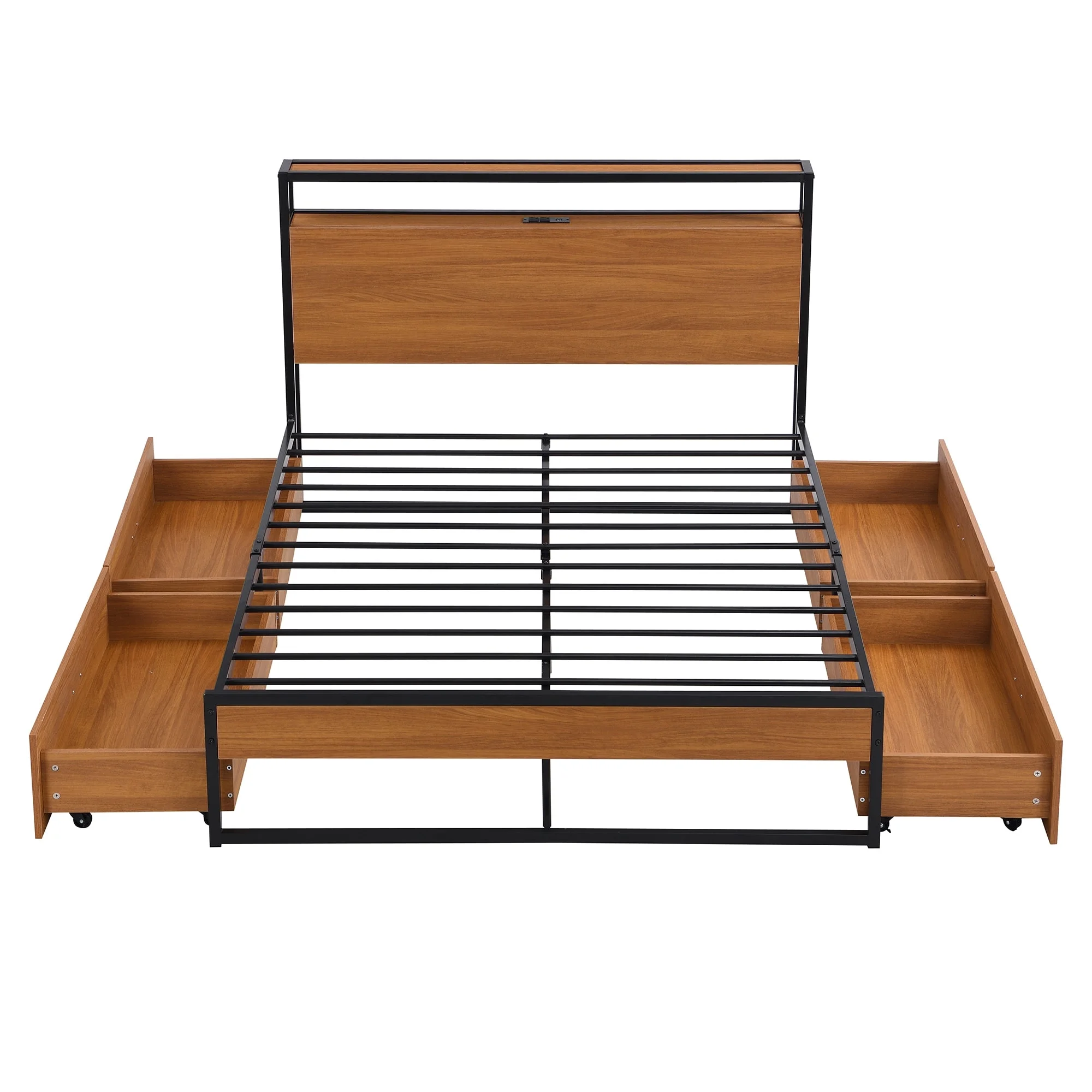 Modern Rustic Style Metal Platform Bed Frame with Four Drawers and Wooden Headboard, Sockets, and USB Ports