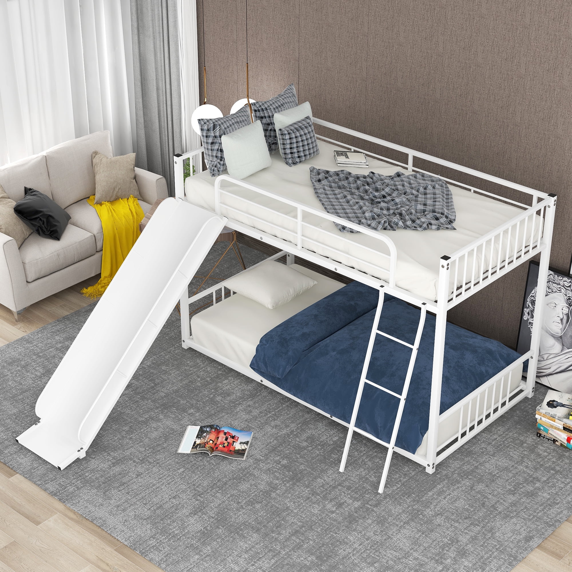Euroco Metal Twin over Twin Bunk Bed With Slide for Kids Bedroom, White