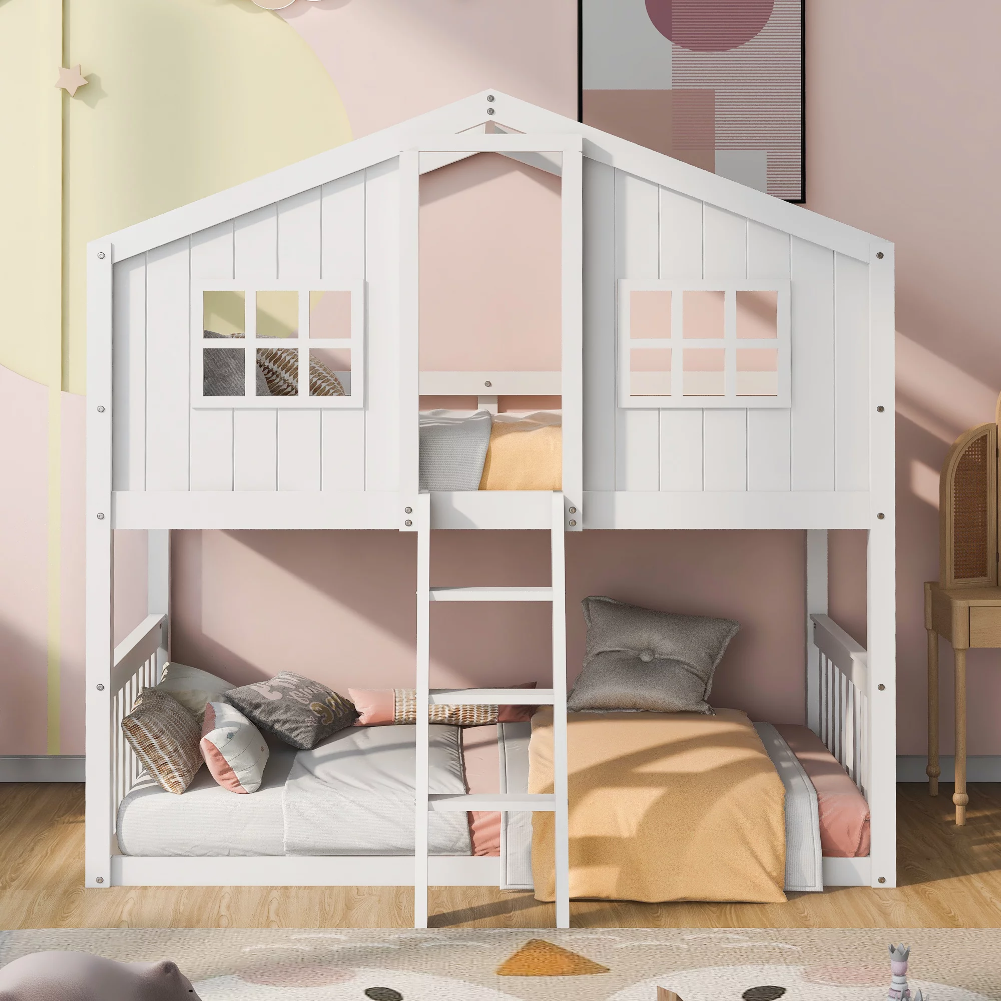 Twin Over Twin House Bunk Bed with Roof and Ladder, Wood Low Bunk Bed for Kids Girls Boys