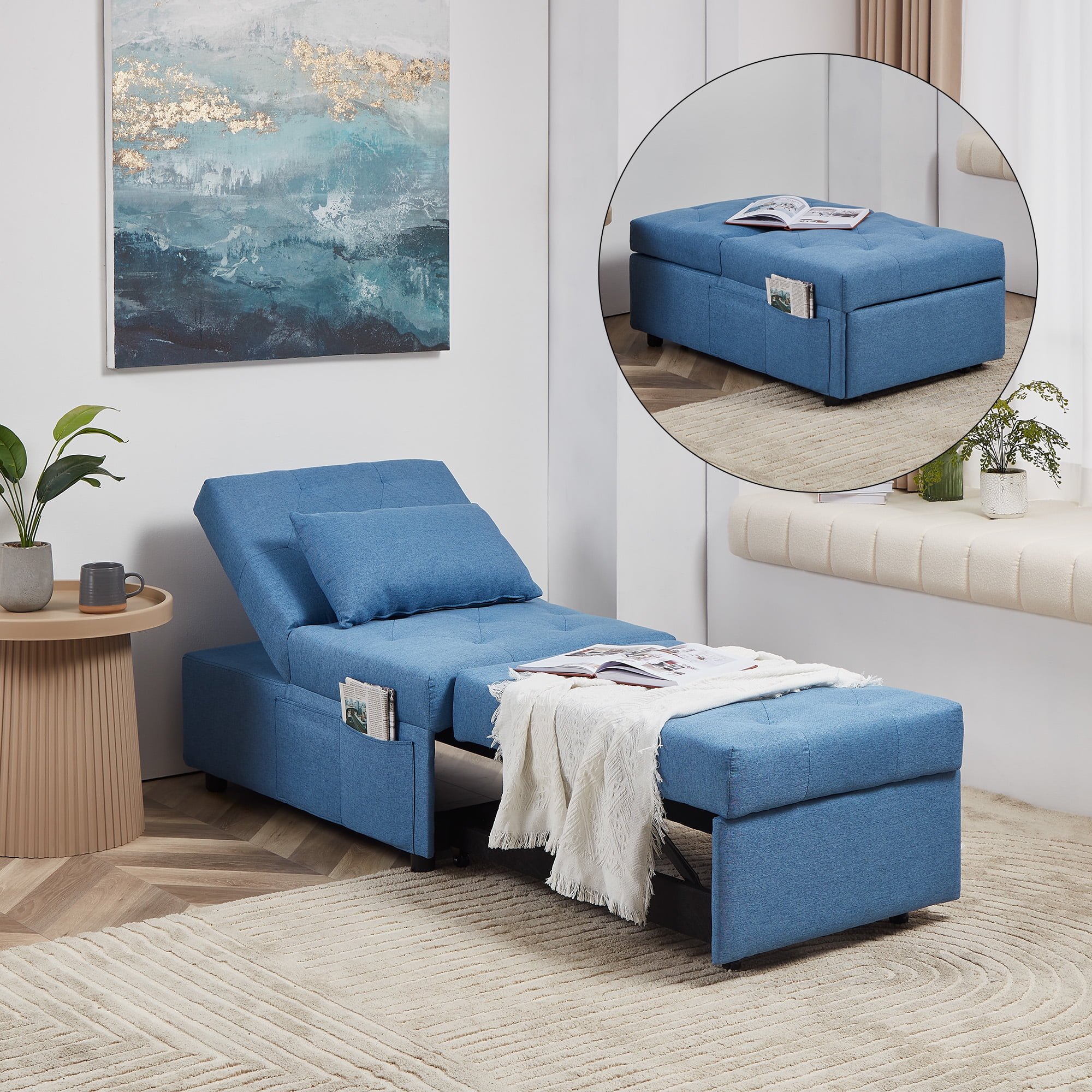 Cozy Castle Chair Bed, Pull Out Sleeper Chair, 3 in 1 Ottoman Bed, Convertible Futon Chair, Durable Linen Chaise Lounge, Living Room Sofa Bed, Blue