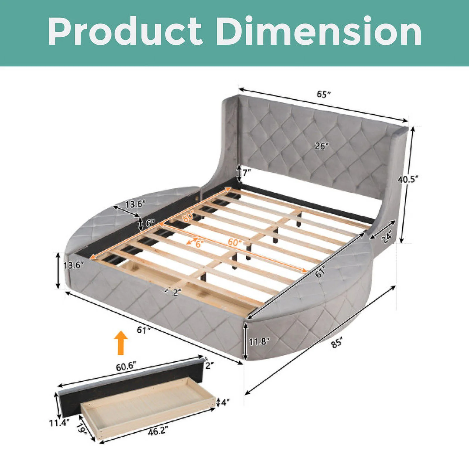 2 Side storage bed Gray drawer bed Upholstered queen size