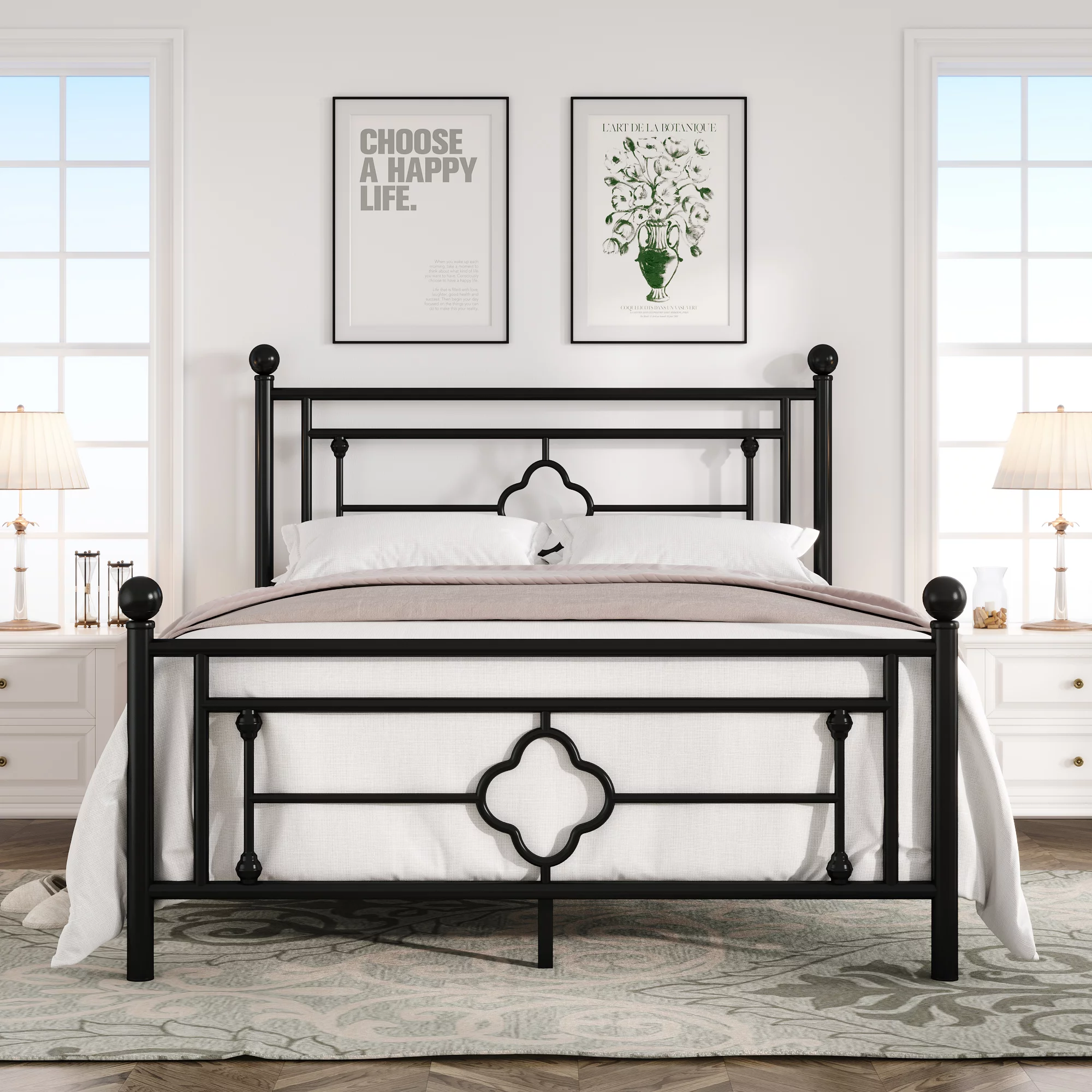 Einfach Queen Size Heavy Metal Bed with Vintage Headboard Pattern, Black