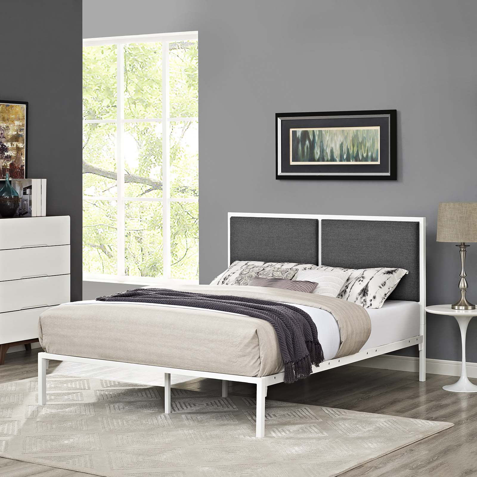 Modway Della King Fabric Bed in White Gray