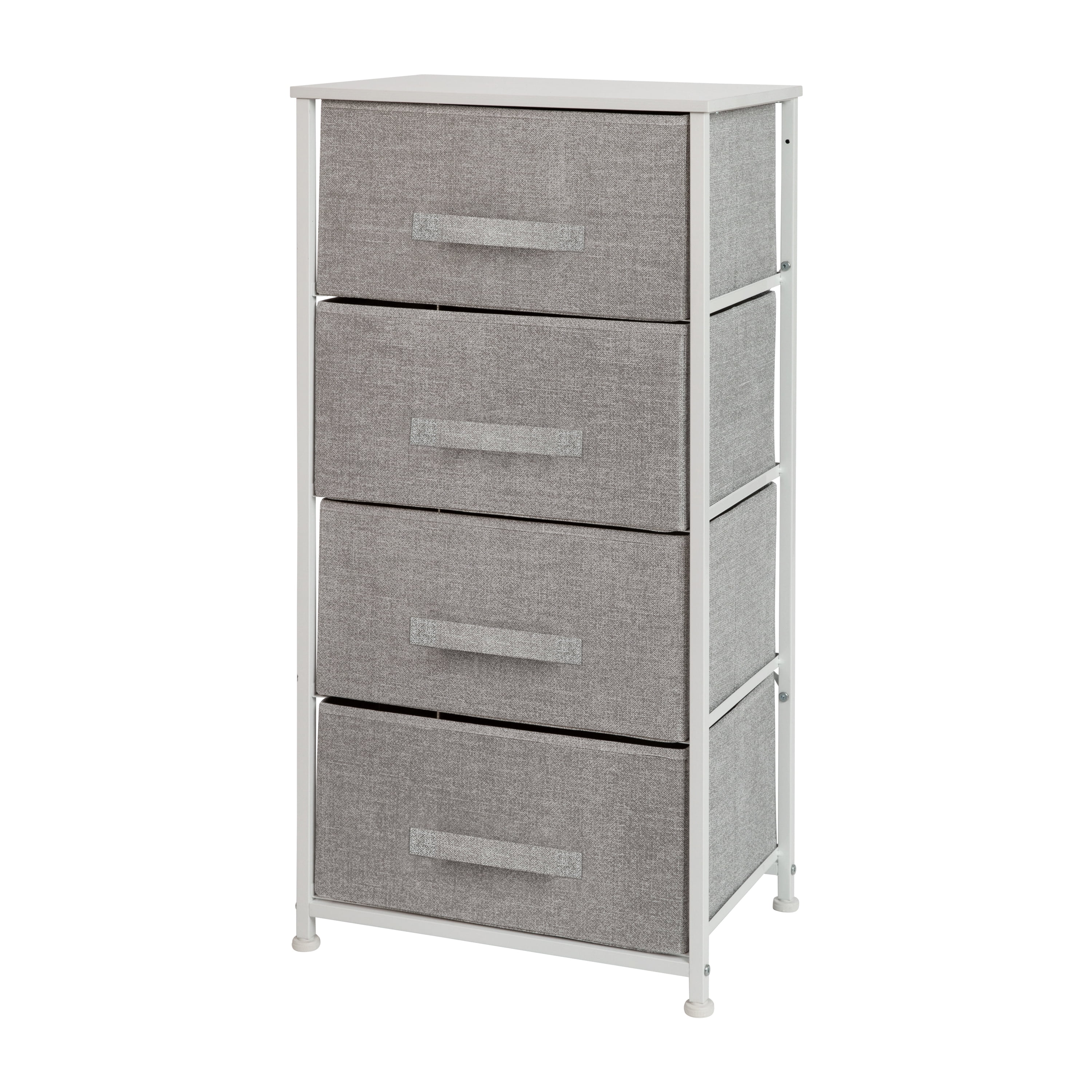 HBCY Creations Vertical Storage Dresser - Wood Top - White Metal Frame - Four Gray Easy Pull Fabric Drawers - Assembles in 10 Minutes or Less