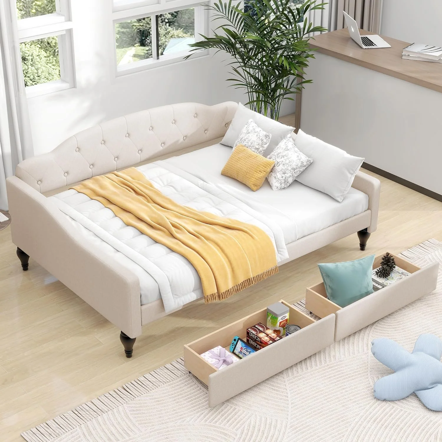 Full Size Lie Upholstered Tufted Daybed Bed With Two Drawers,Sofa Day Bed Frame With Butto Tufted Backrest For Livig Room, Bedroom, Guestroom,Beige