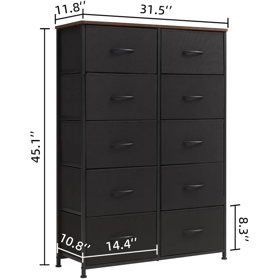 Somdot Dresser for Bedroom with 10 Removable Fabric Bins, 5-Tier Chest of Drawers, Ideal for Closet Nursery Living Room, Rustic Brown Wood Grain Print