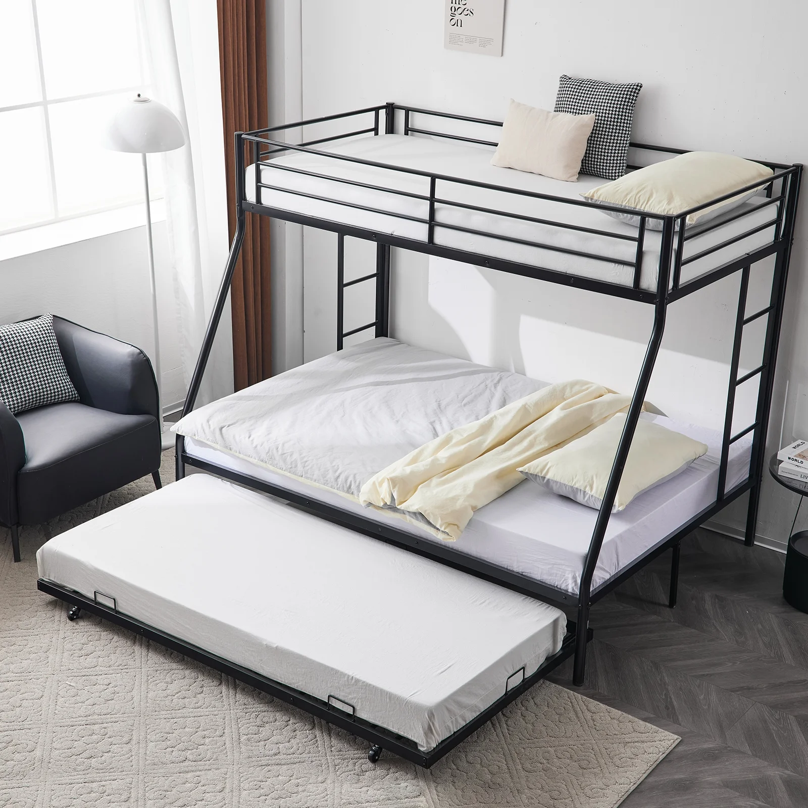 Ktaxon Metal Twin over Full Bunk Beds with Trundle, Kids Bed with Daybed, Bed Frame withLadder, Kids Adult Dorm Bedroom Furniture,Black