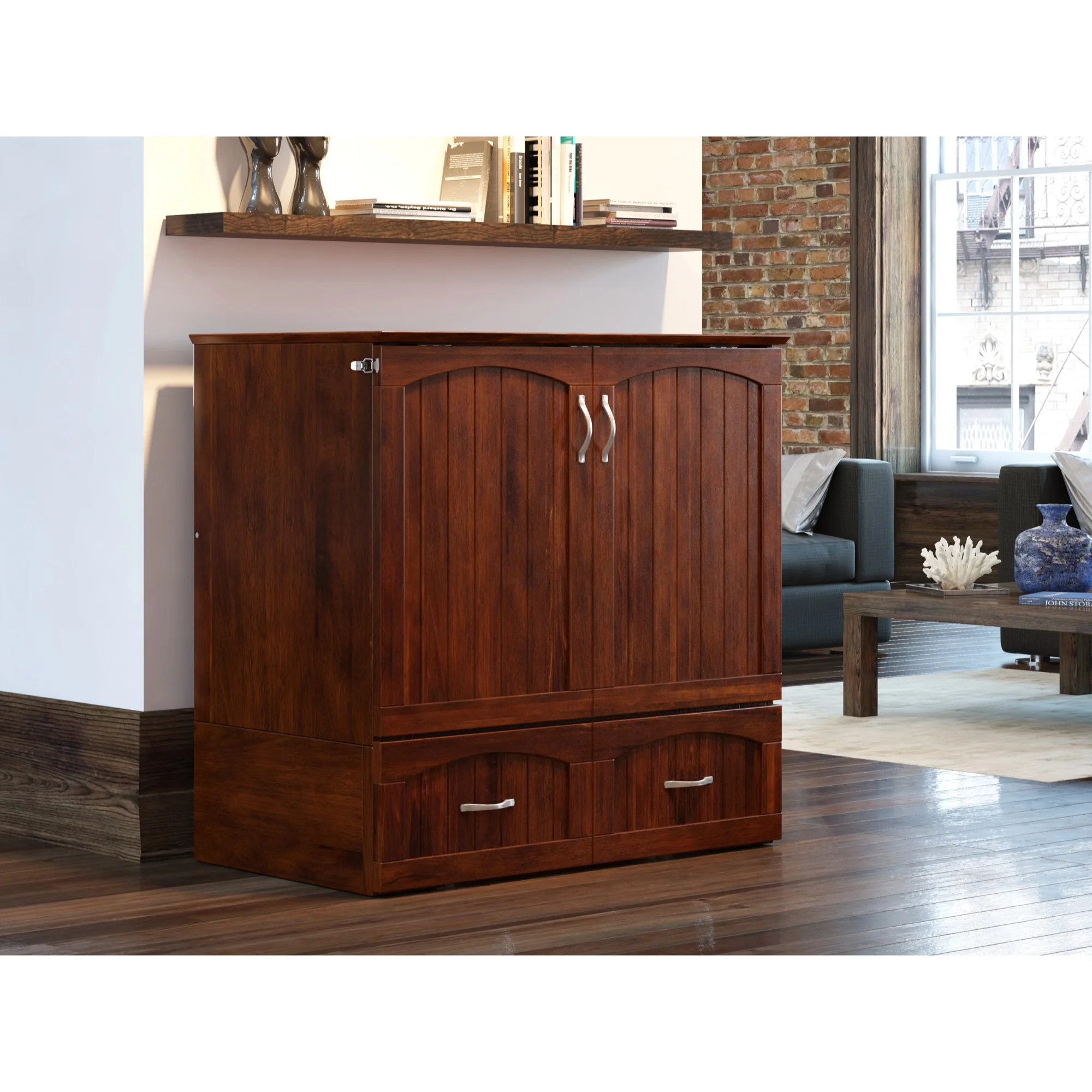 Southampton Murphy Bed Chest Twin Extra Long Walnut with Charging Station