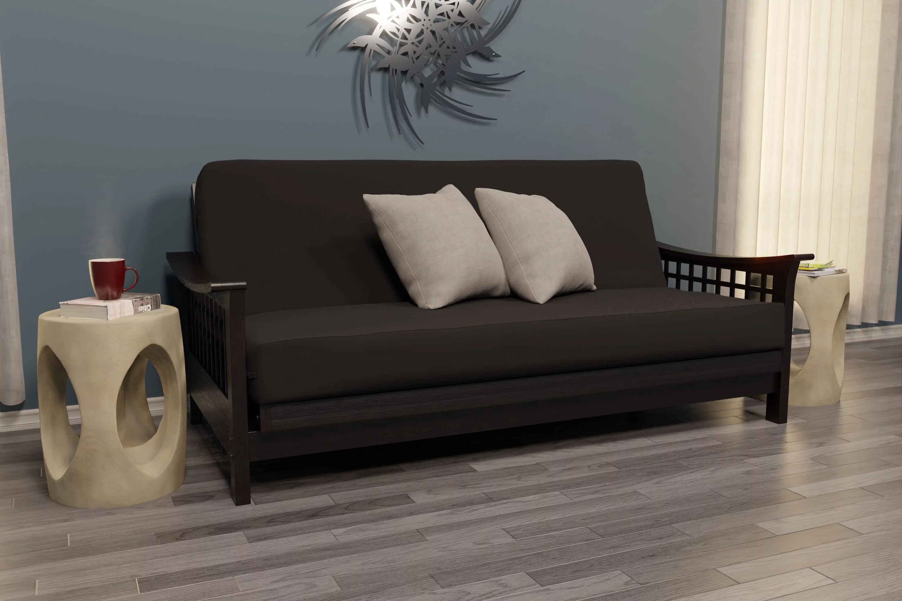 Trelli Wood Full Size Futon Package with Merlin Mattress, Cover and Strata Strips