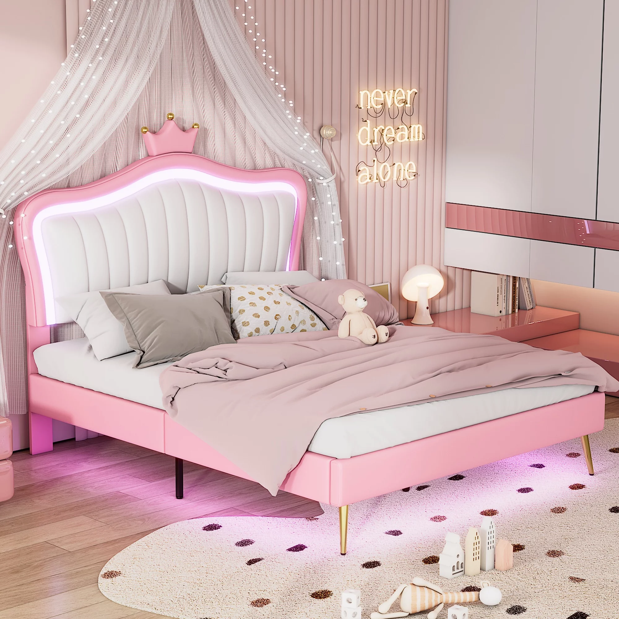 Churanty LED Queen Bed Frame with Crown Headboard, Upholstered PU Platform Princess Beds with Light for Kids Girls,White + Pink