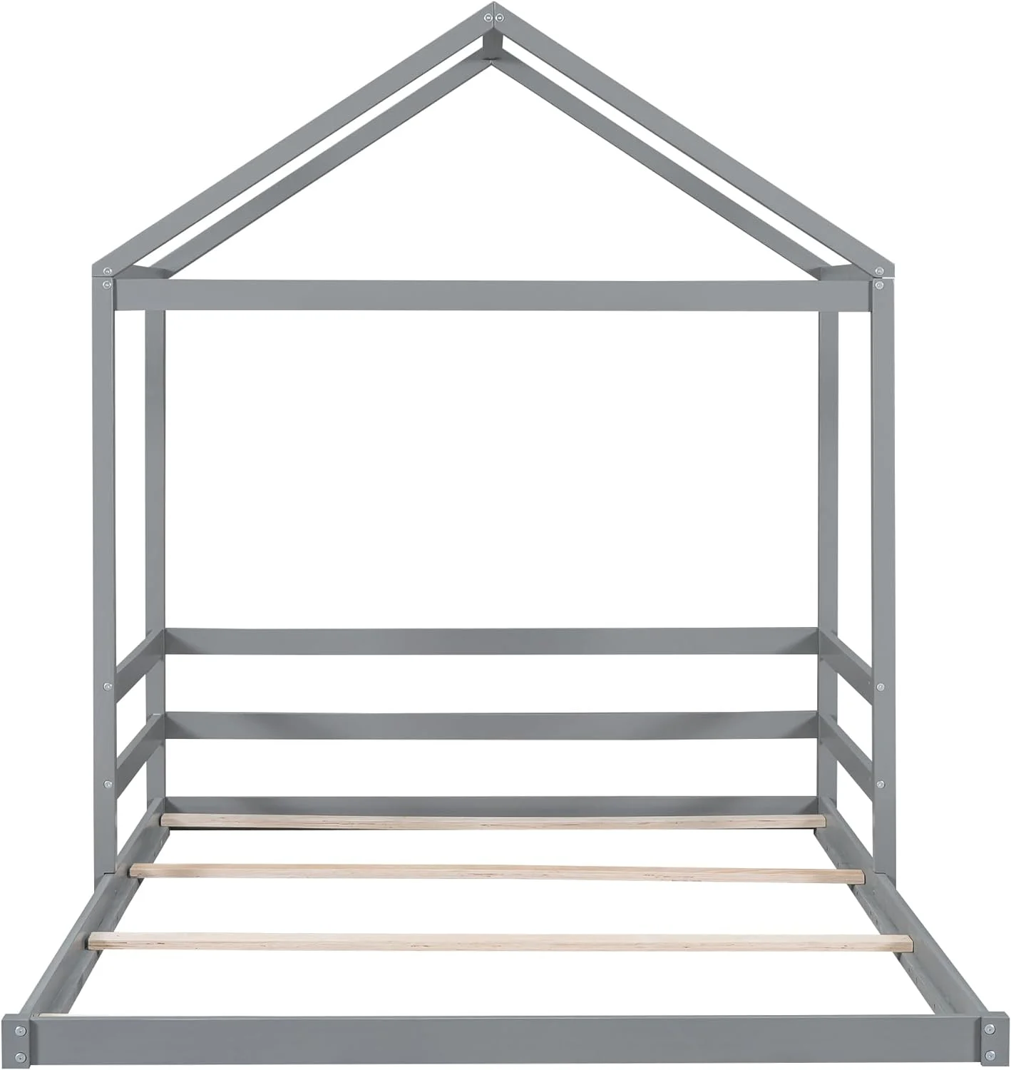 Wood Full Size House Bed with Guardrail, Grey Wooden Bed Frame for Kids