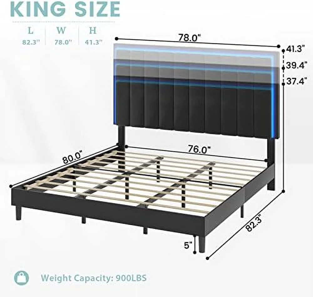 HBBOOMLIFE King Bed Frame with Headboard and LED Light Vegan Leather Upholstered King Size Platform Bed  Headboard Height Adjustable  No Box Spring Needed  Noise Free  Easy Assembly  Whit