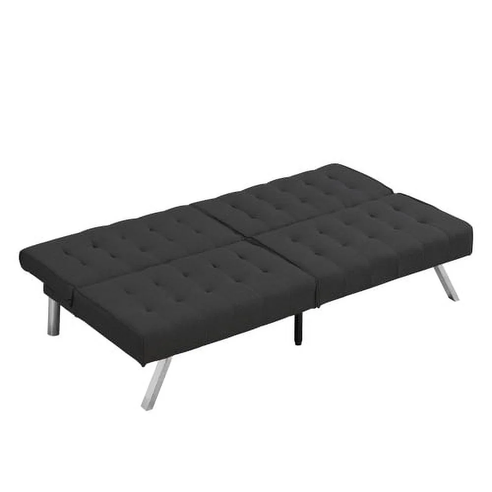 Convertible Folding Futon Sofa Bed Sleeper Couch for Living Room Linen Fabric Upholstered Loveseat, Solid Wood Frame/Stainless Leg (Black Fabric)