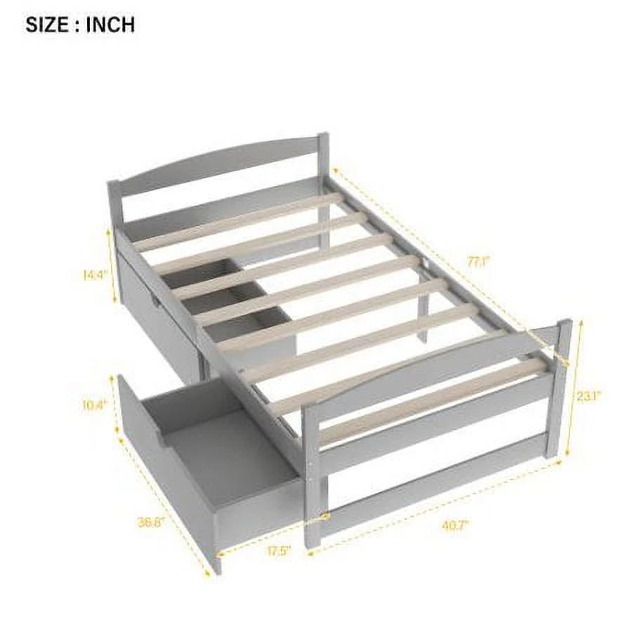 Churanty Twin Size Platform Bed Wooden Daybed with Two Drawers.Twin Size Captain’s Bed Frame,No Spring Box Needed, Easy Assembly, for Kids, Teens, Adults, Gray