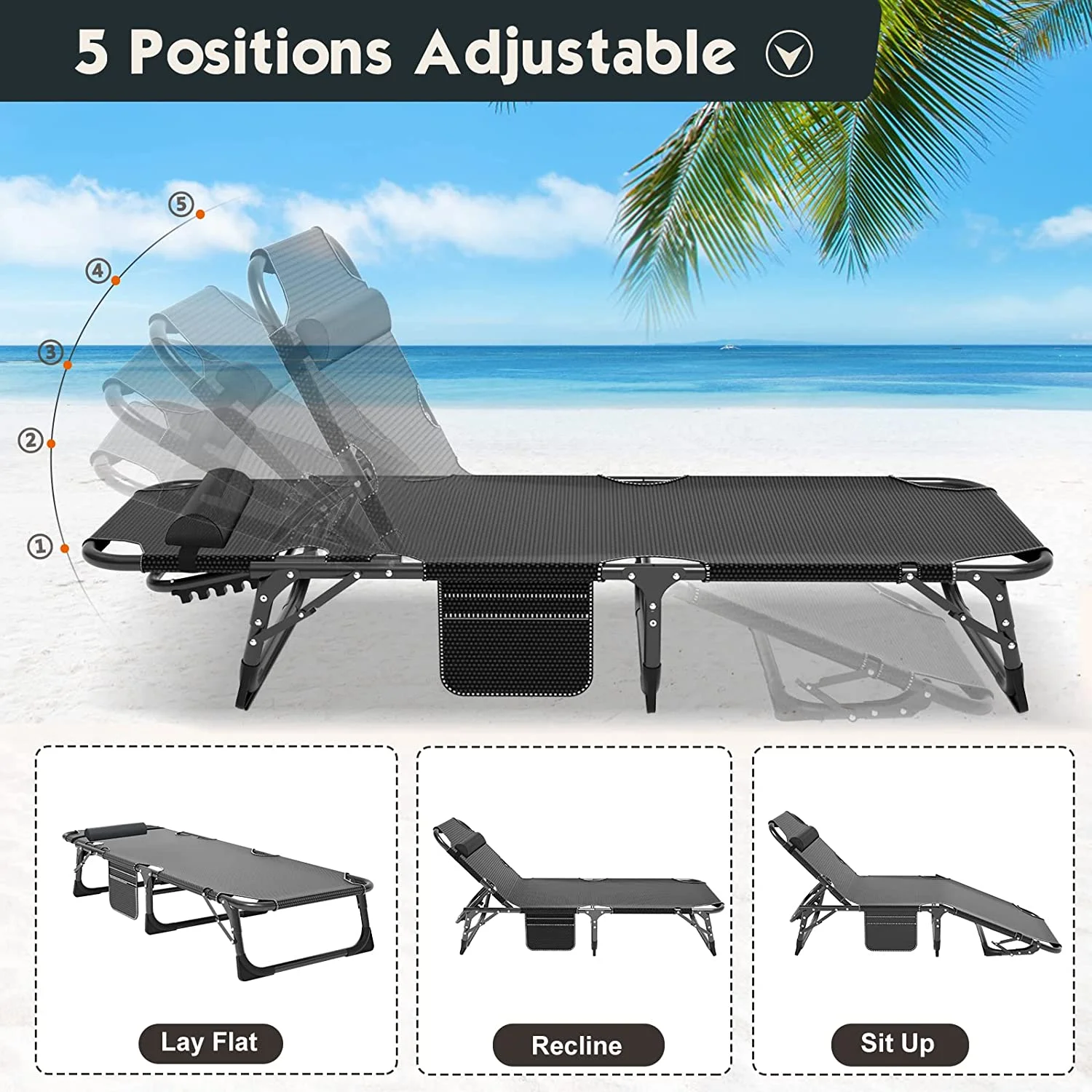 ABORON Folding Camping Cot with 2-Sided Mattress & Pillow, Adjustable 5-Position Folding Lounge Chair, Folding Sleeping Cots Guest Bed