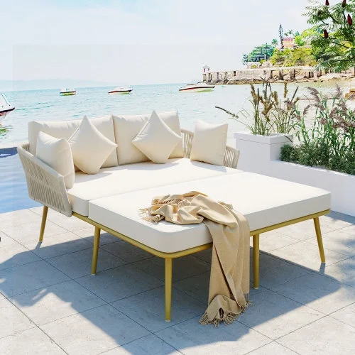 Outdoor Patio Daybed, Woven Nylon Rope Backrest with Washable Cushions for Balcony, Poolside, Beige