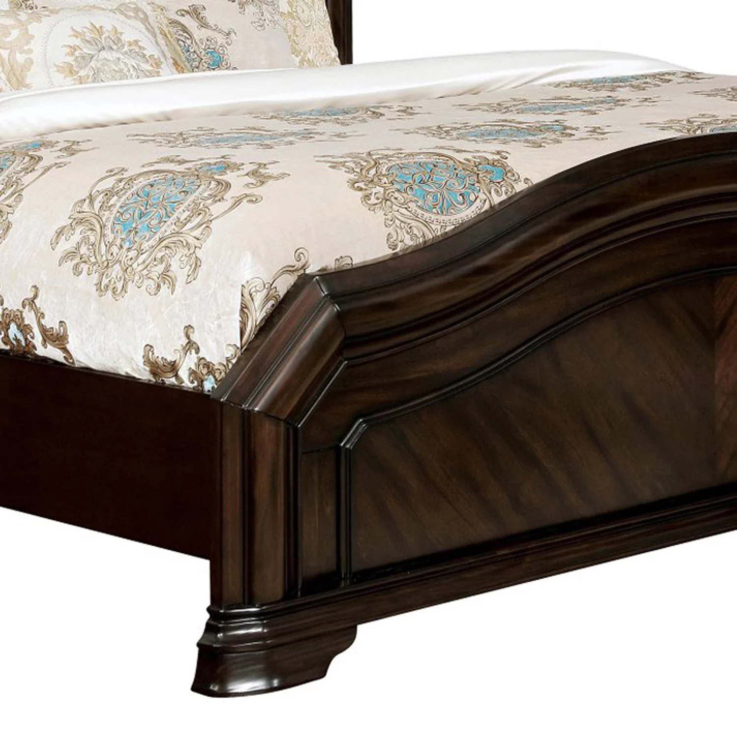 Queen Bed with Camelback Design and Gold Foliage Details, Brown