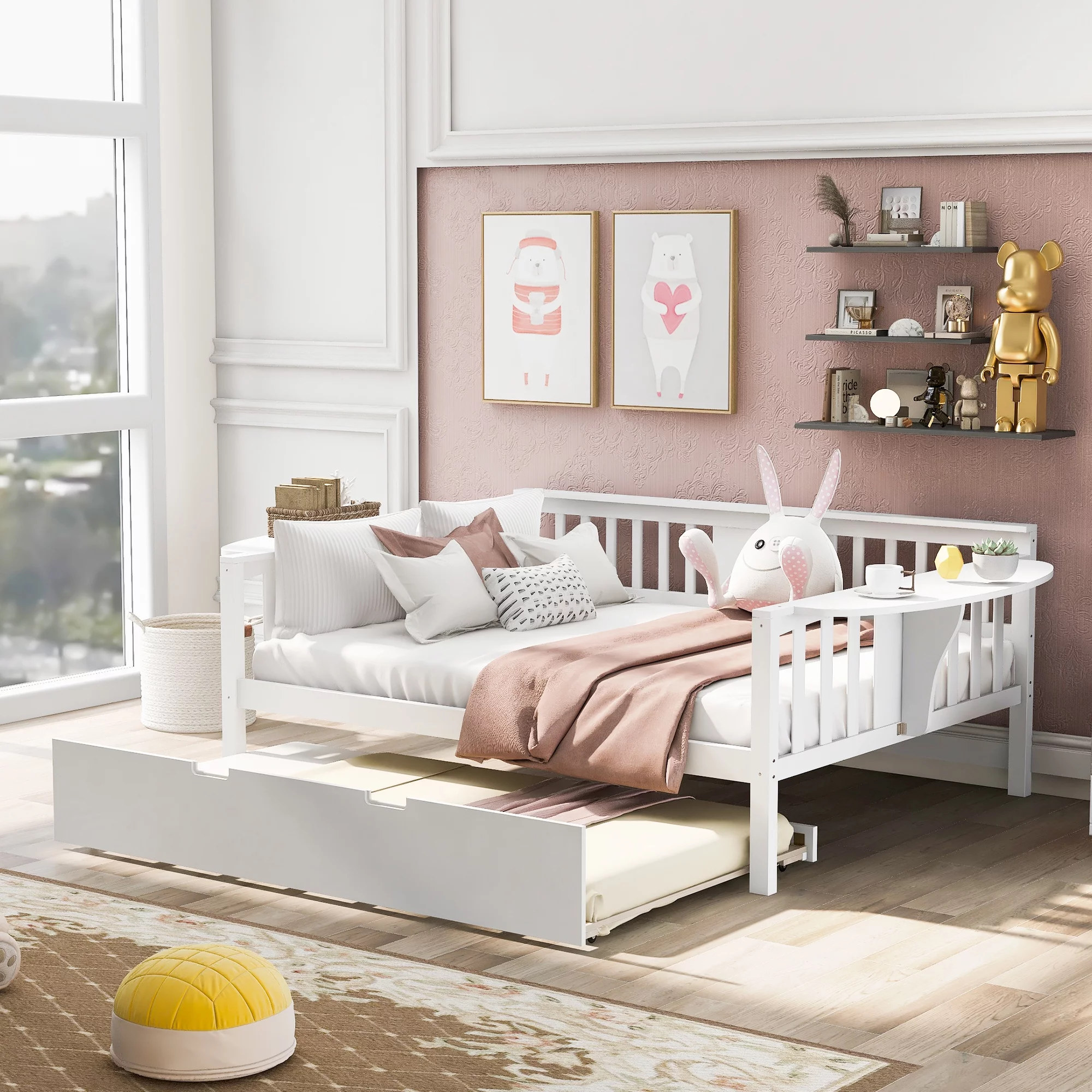 CoSoTower Full Size Daybed With Twin Size Trundle, Wood Slat Support, White