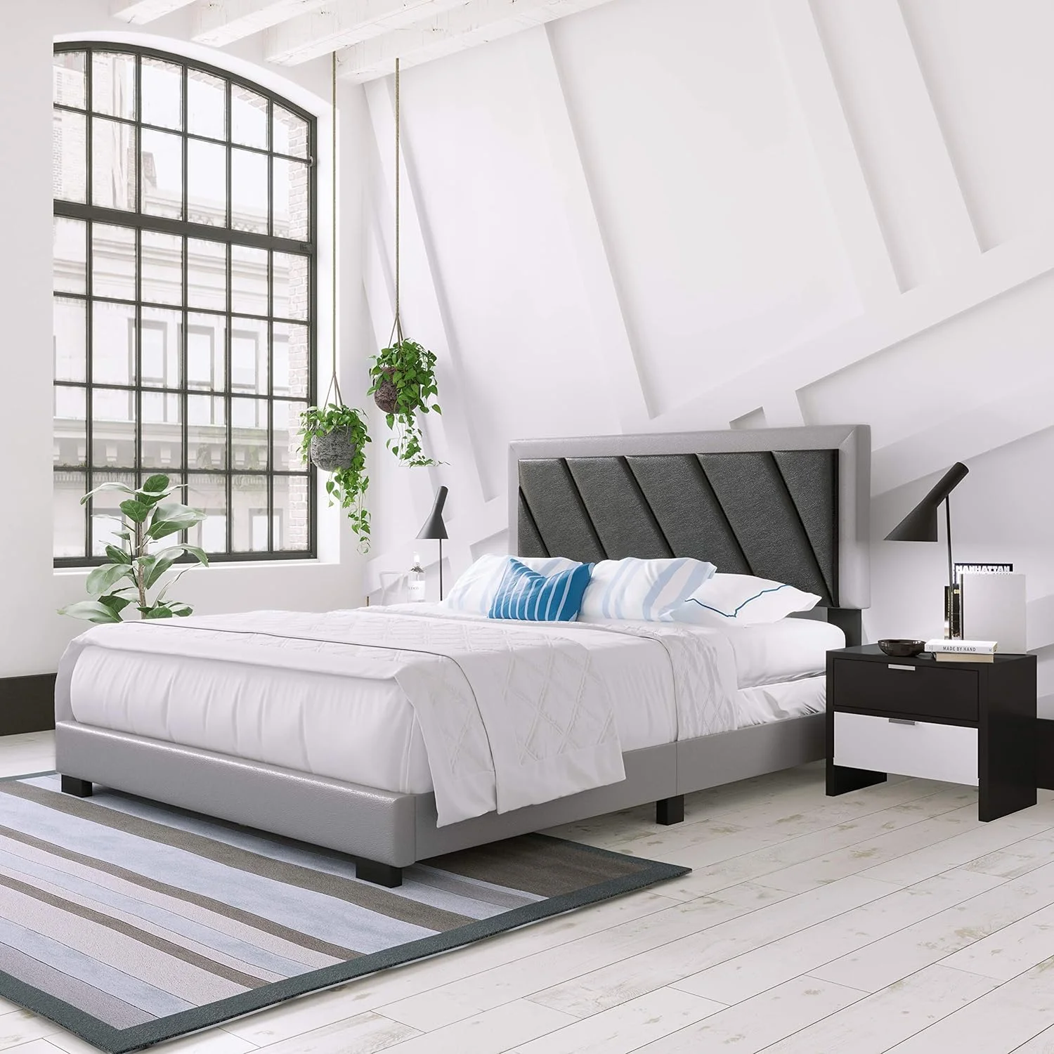 Savona Upholstered Platform Bed With Headboard And Durable Mattress Foundation With Strong 4 Wood Slat Supports, Box Spring Required: King, Black/Gray, Black/Grey