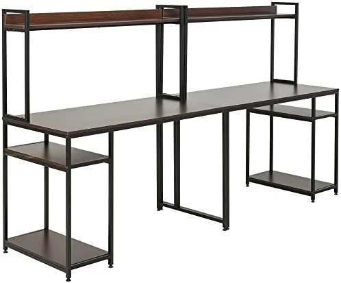 KHBIULIFE 94.5in Industrial Double Computer Desk with Hutch and  Shelves  Extra Long Two Person Home Office Desk  Writing Table Workstation for 2 People with CPU Stand  Oak Wood Grain