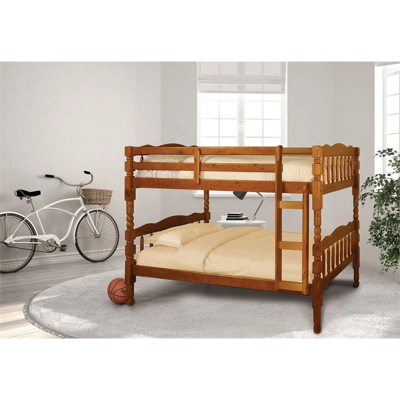Bowery Hill Traditional Solid Wood Twin Over Twin Bunk Bed in Oak