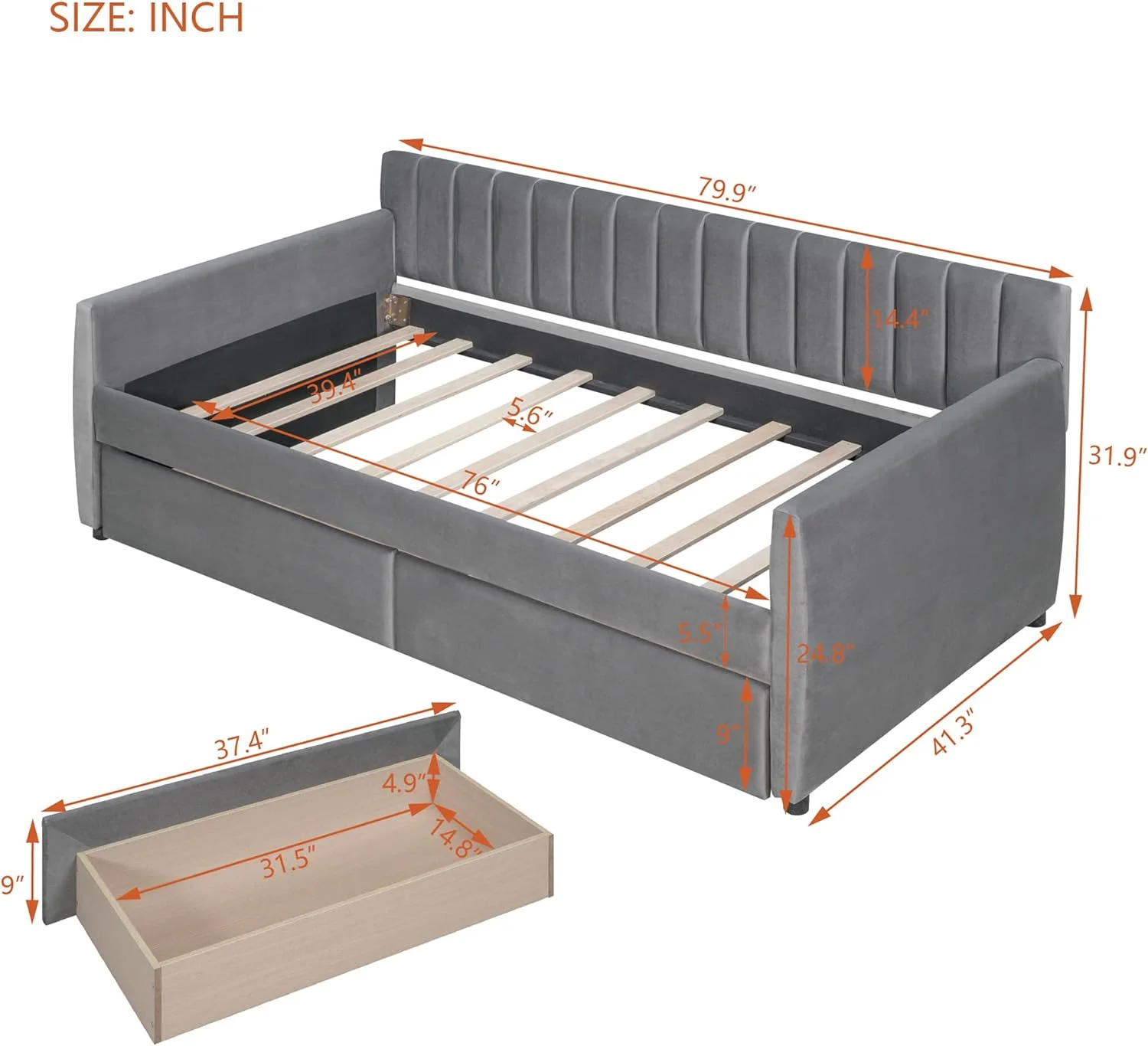 Size Daybed With Storage Drawer, Upholstered Day Bed Frame Velvet Sofa Beds With Wood Slat Support For For Bedroom Livig Room Guest Room(Grey)