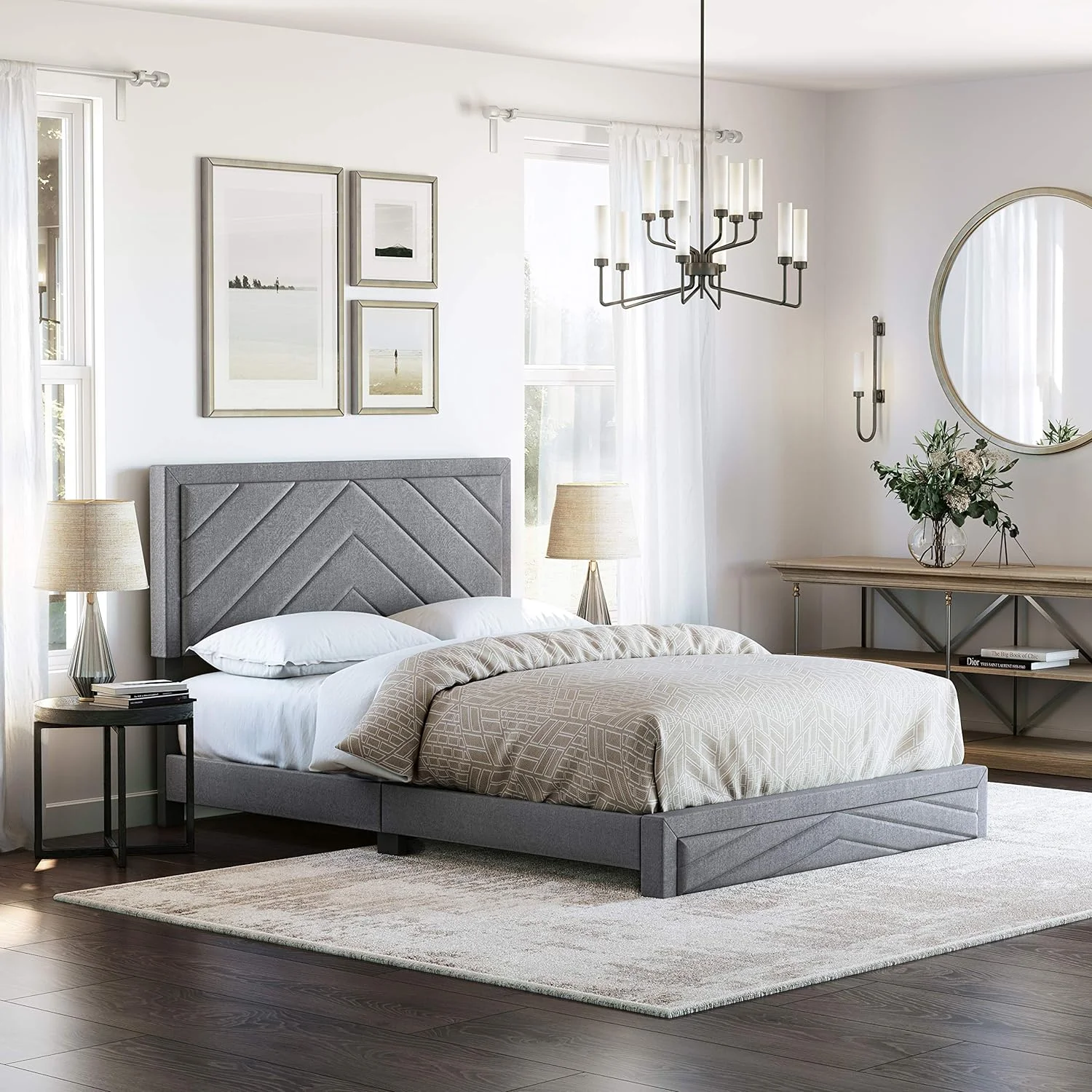 Barcelona Upholstered Platform Bed With Headboard And Durable Mattress Foundation With Strong 14 Wood Slat Supports, No Boxspring Required: King, Gray